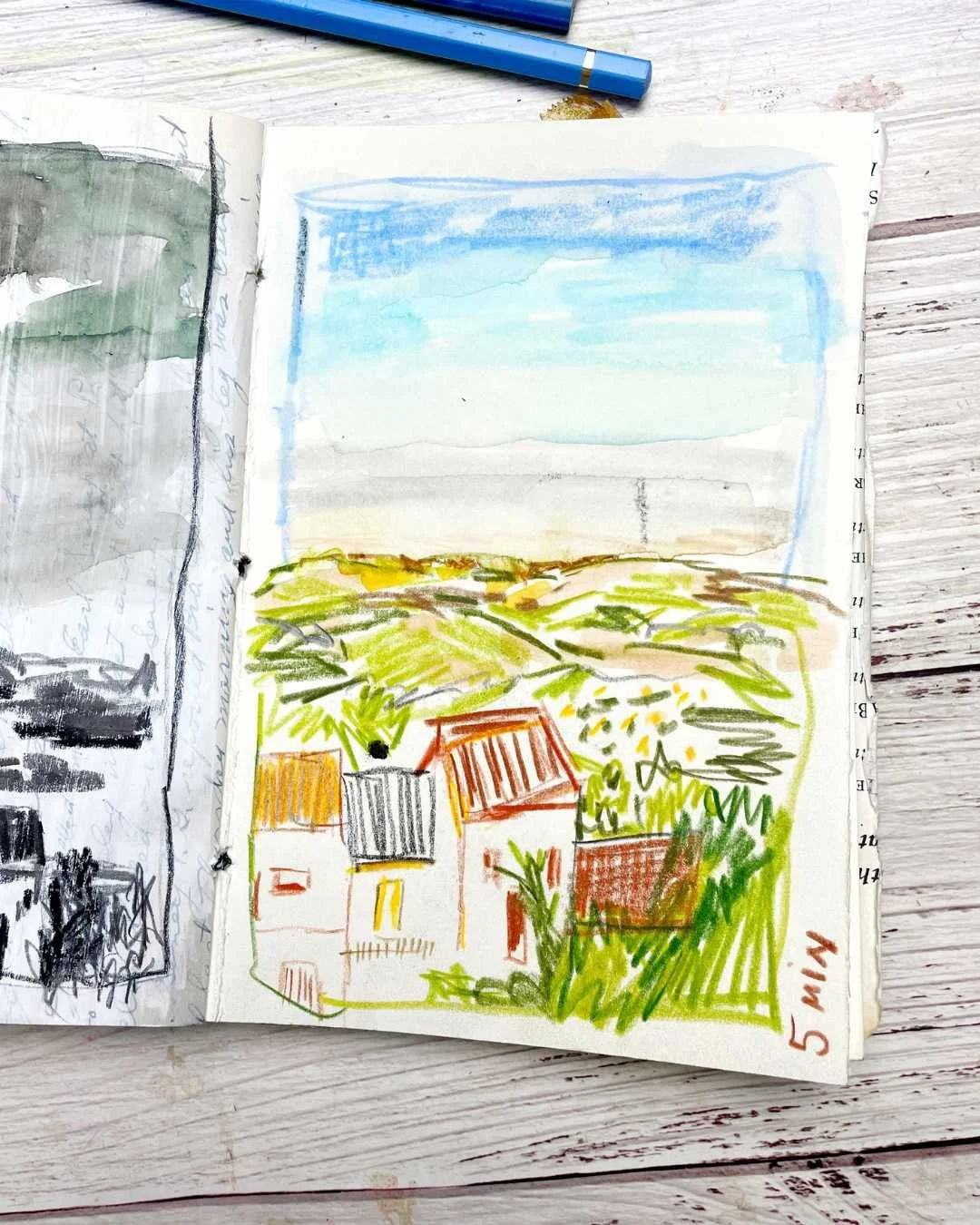 Quick Landscape Sketch with Houses and Rolling Hills