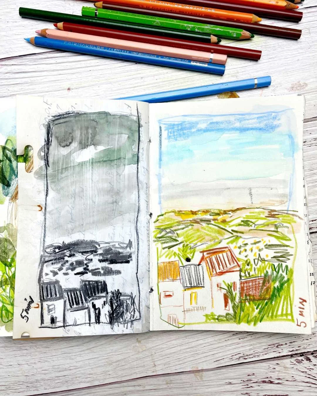 Sketchbook Spread with Monochrome Study and Color Landscape