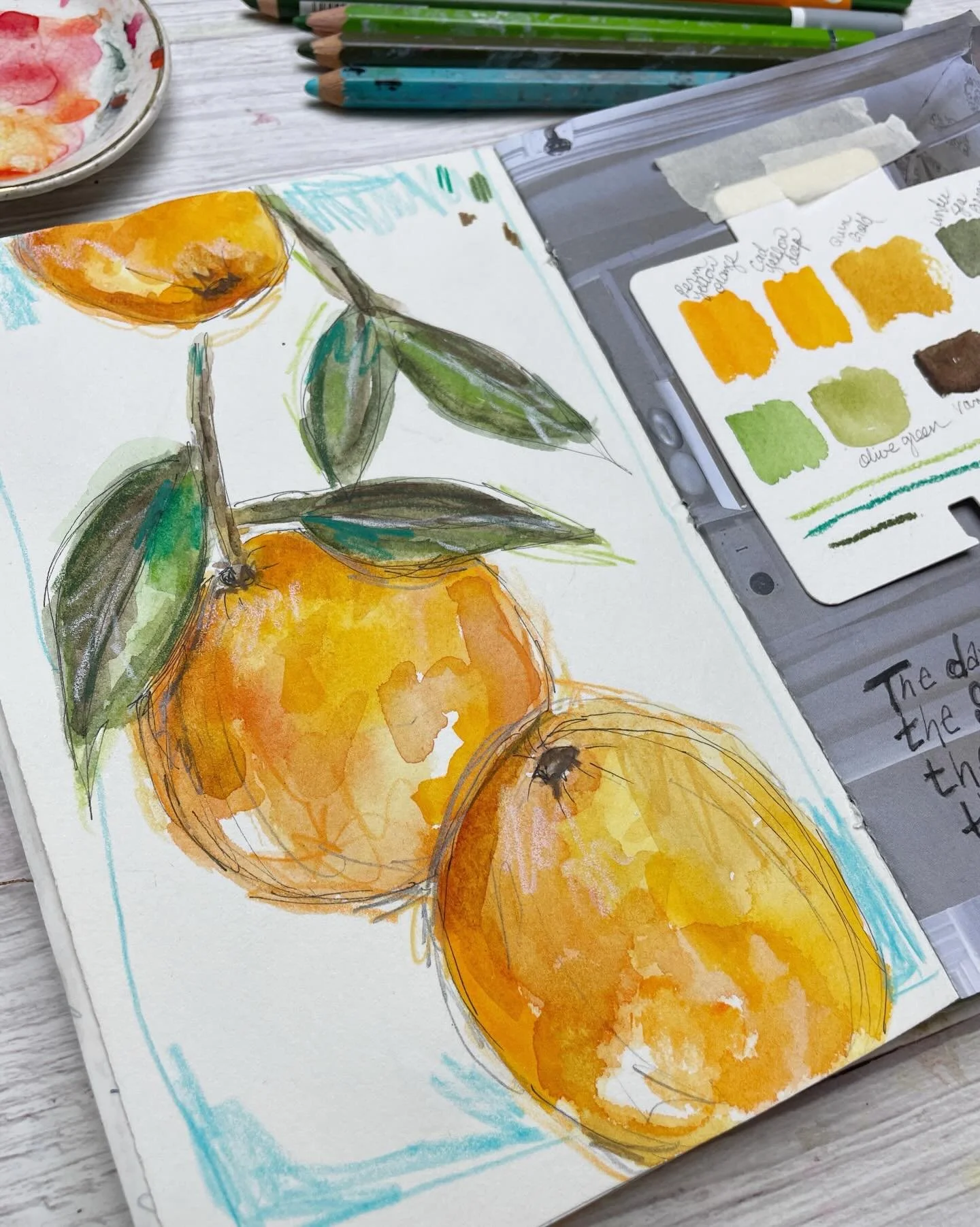 Oranges for the win! Day 62 🍊 

Pencils, pens, watercolor and crayons. 

100 Days of Creative Drifting: a Sketching Practice #dothe100dayproject #sketchbook #sketching #orangesketch