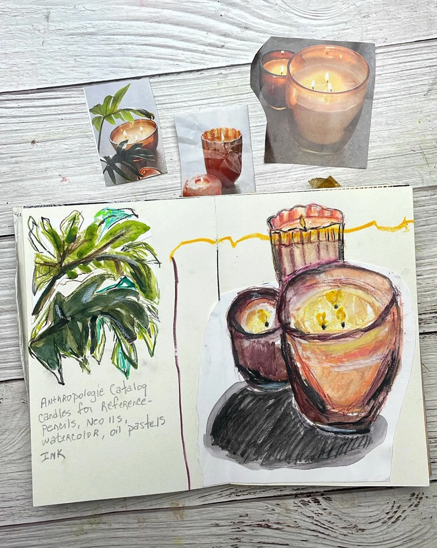 Candle sketches from Anthropologie catalog with watercolor, pencils, crayons, oil pastels and pens - Day 67🕯️

100 Days of Creative Drifting: a Sketching Practice #dothe100dayproject #sketchbook #sketching