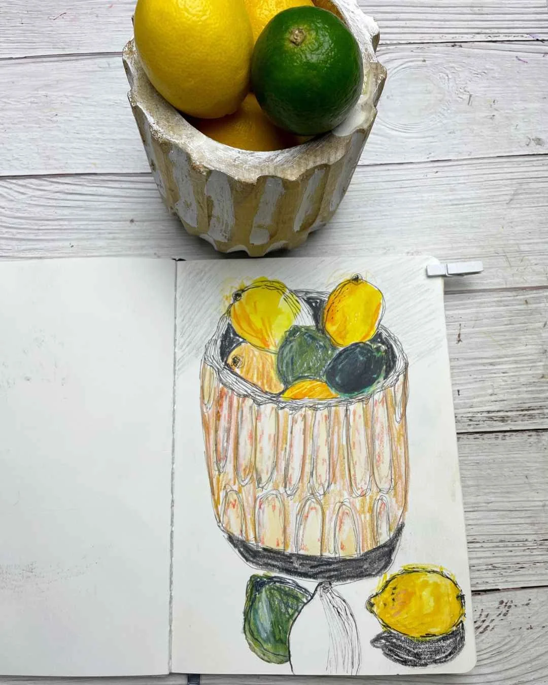 Citrus Bowl Sketch with Lemons and Limes in a Textured Vase