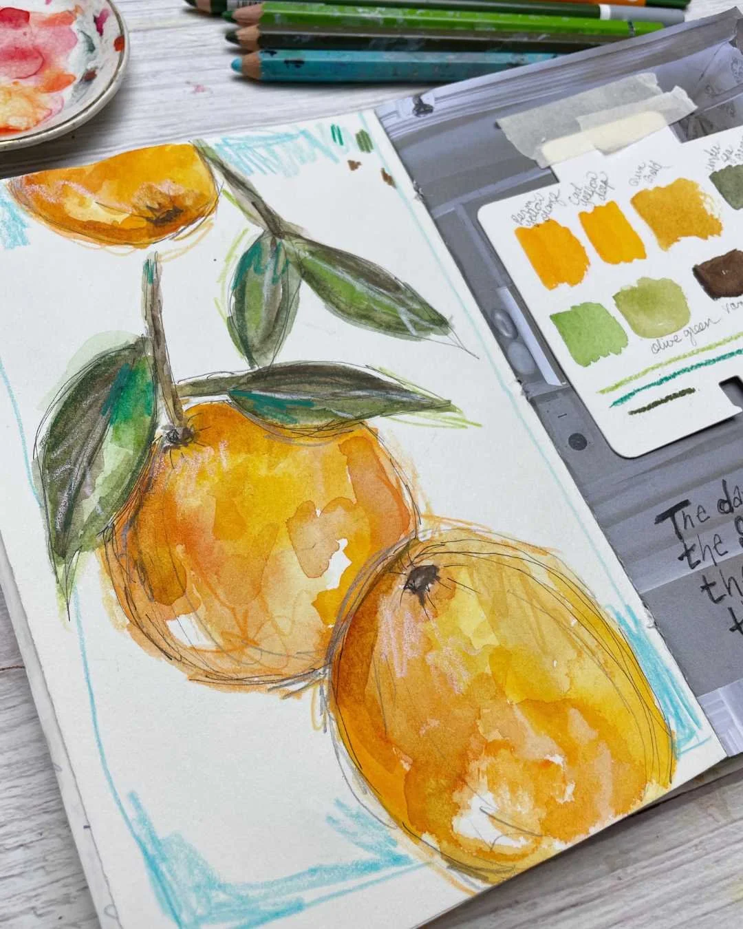 Orange Still Life Sketch with Colored Pencil and Watercolor