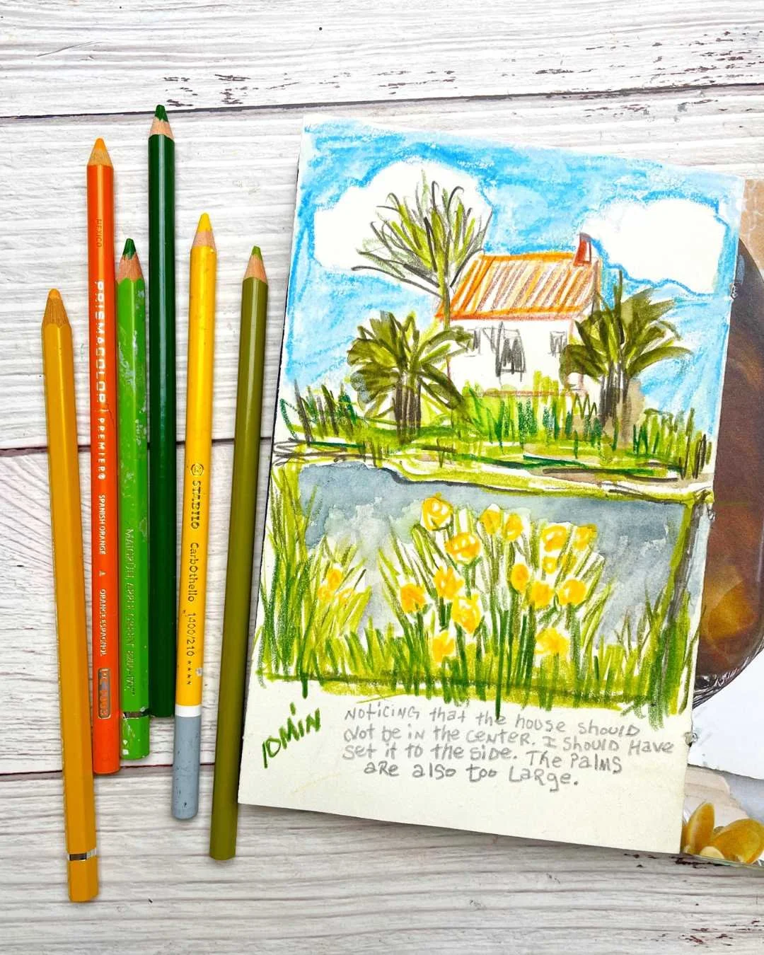 Tropical Cottage Landscape Sketch with Yellow Wildflowers