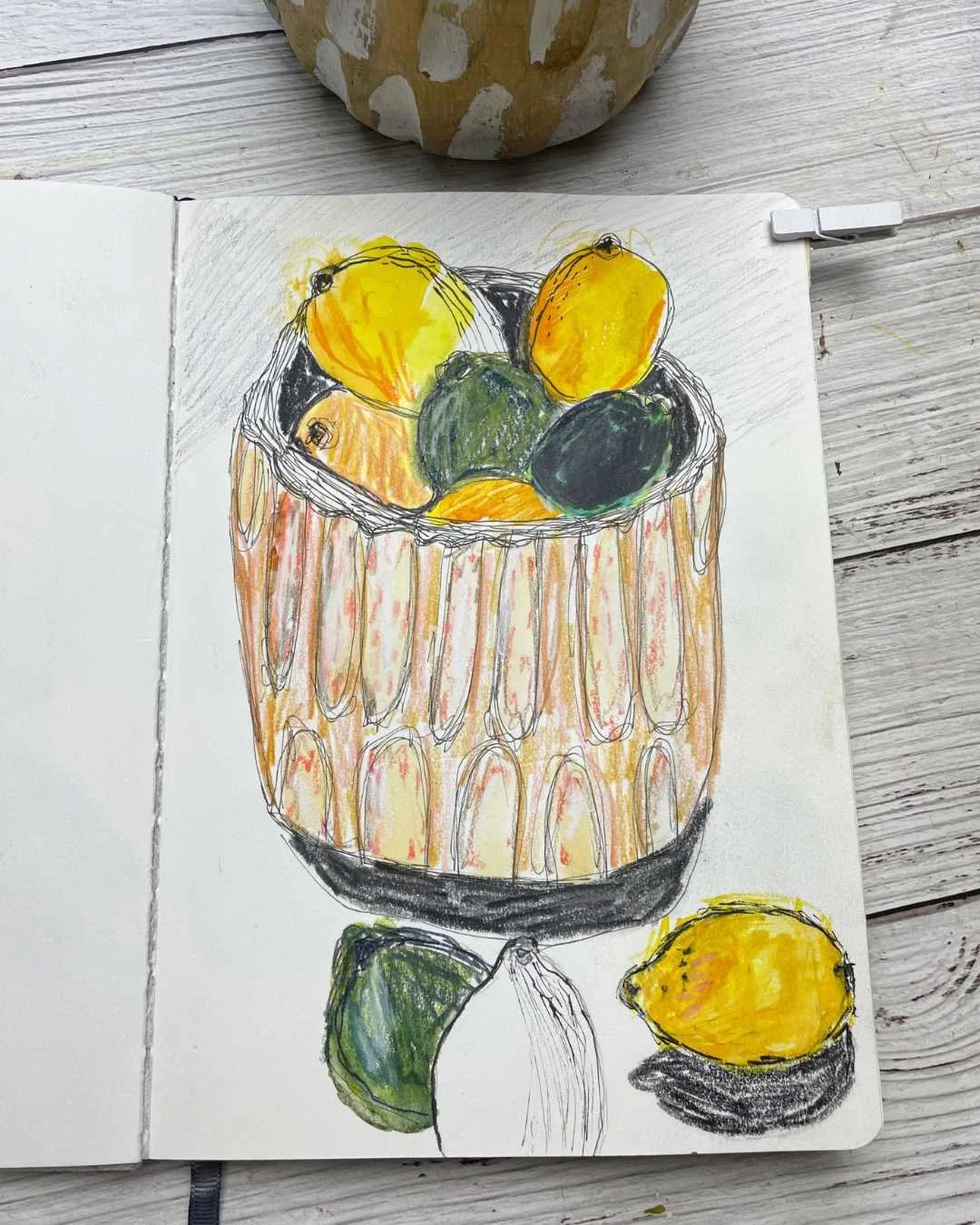 Still Life Drawing of Citrus Fruit in a Handmade Ceramic Container