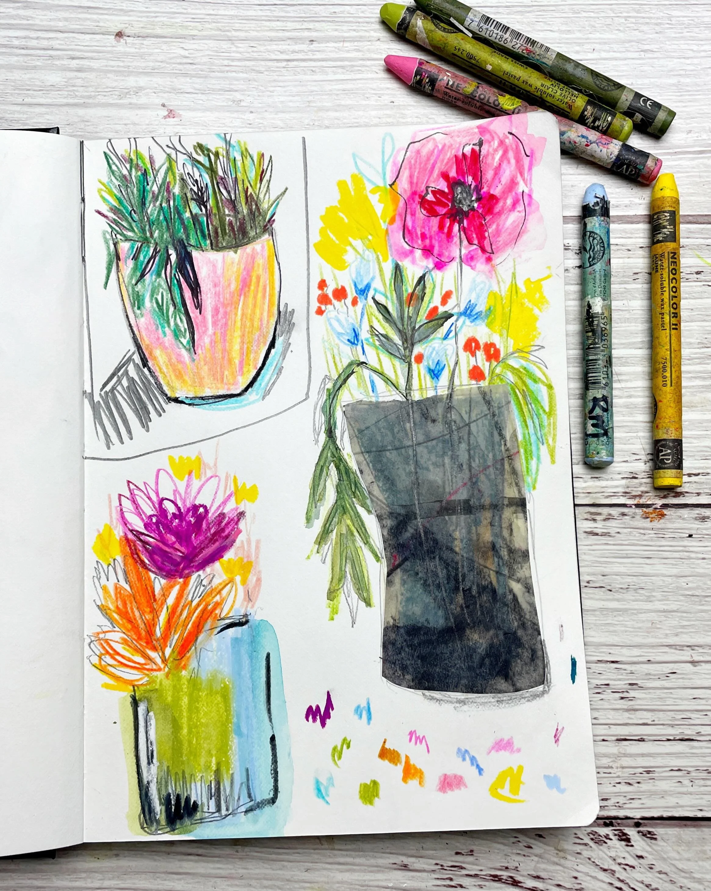 Flower sketches with crayons, pencils, watercolor and a little paper collage - Day 76. 🌸 

100 Days of Creative Drifting: a Sketching Practice #dothe100dayproject #sketchbook #sketchbook #sketching