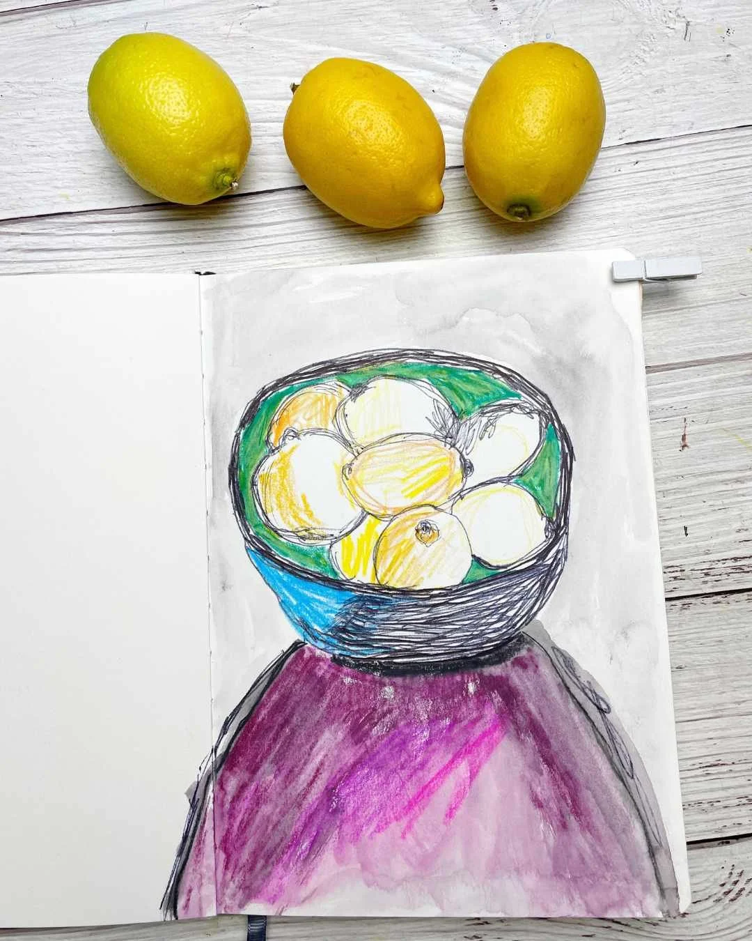 Lemon Bowl Still Life with Bold Color and Sketchbook Texture