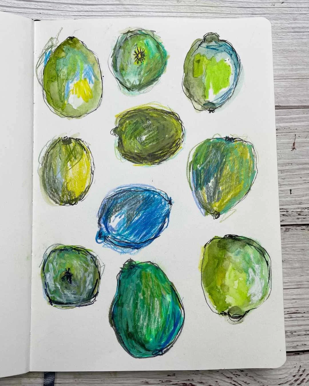 Mixed Media Citrus Sketches with Vibrant Green and Blue Layers