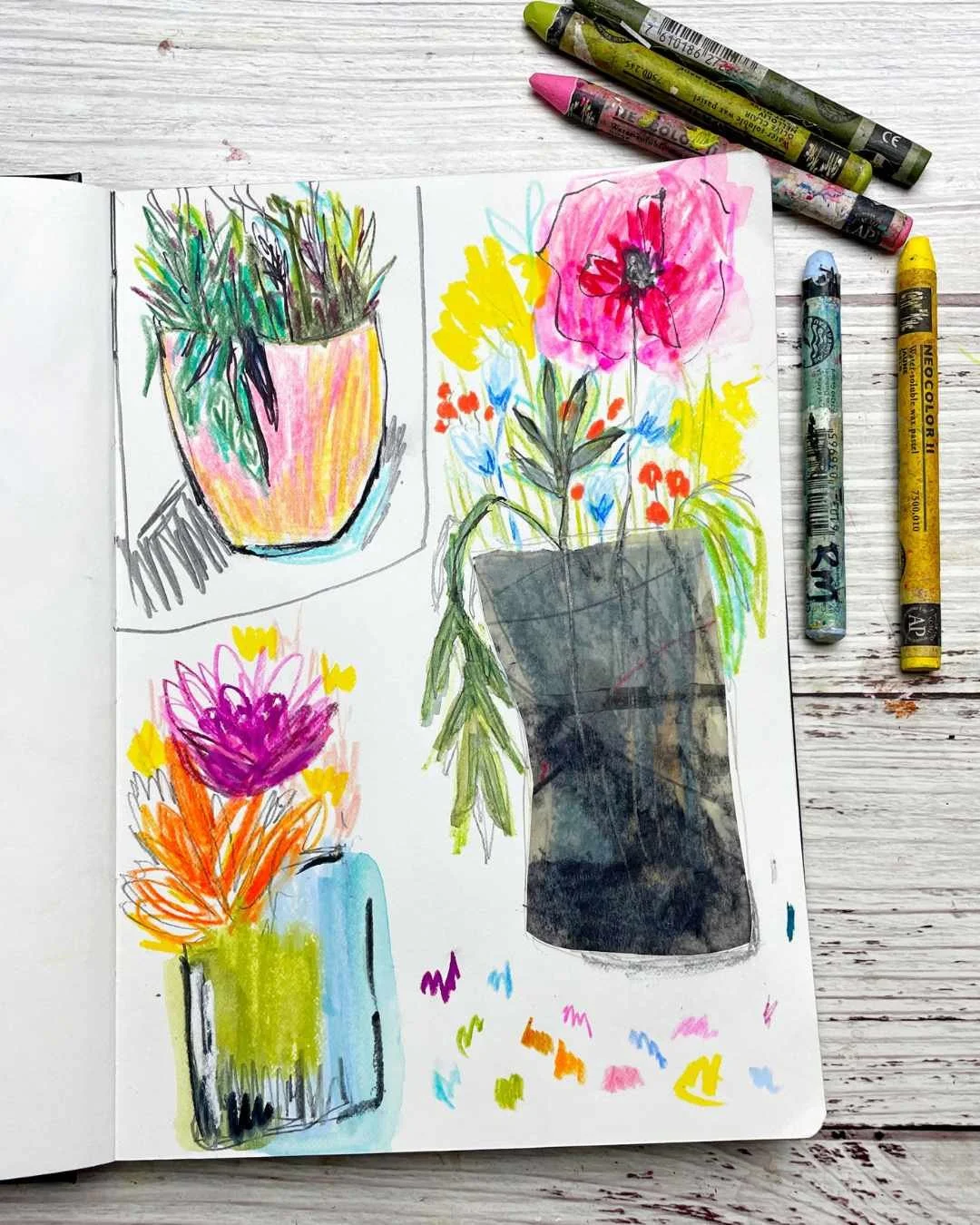 Playful Flower Vase Studies in Bold Summer Colors and Mixed Media