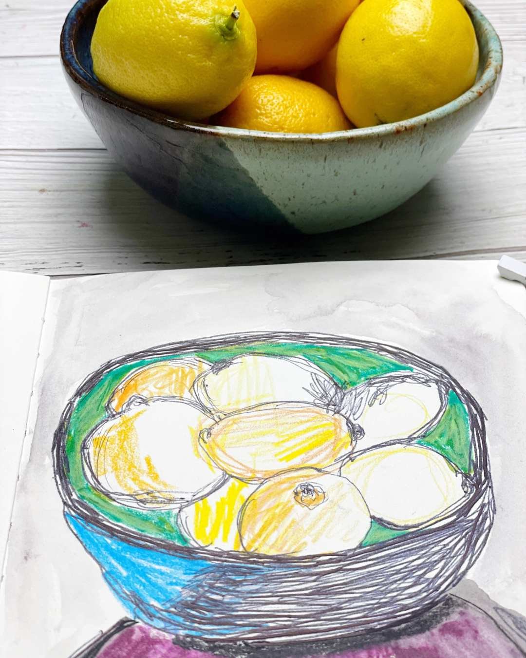 Lemon Still Life Sketch with Blue Bowl and Magenta Shadows