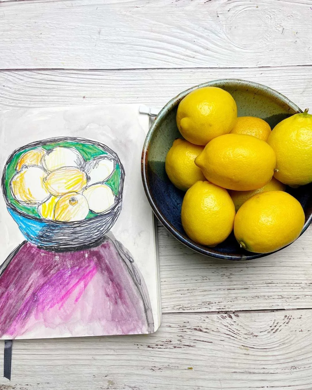 Citrus Sketchbook Drawing Inspired by Fresh Lemons and Ceramics