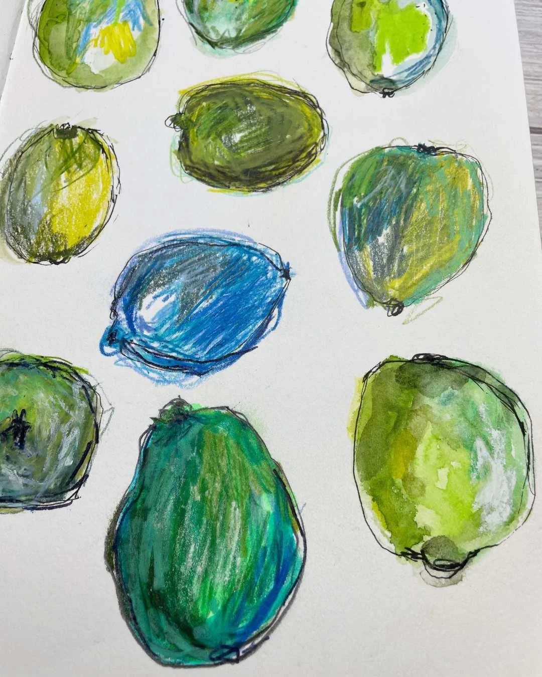 Lime and Citrus Color Study Sketchbook Page in Blue and Green