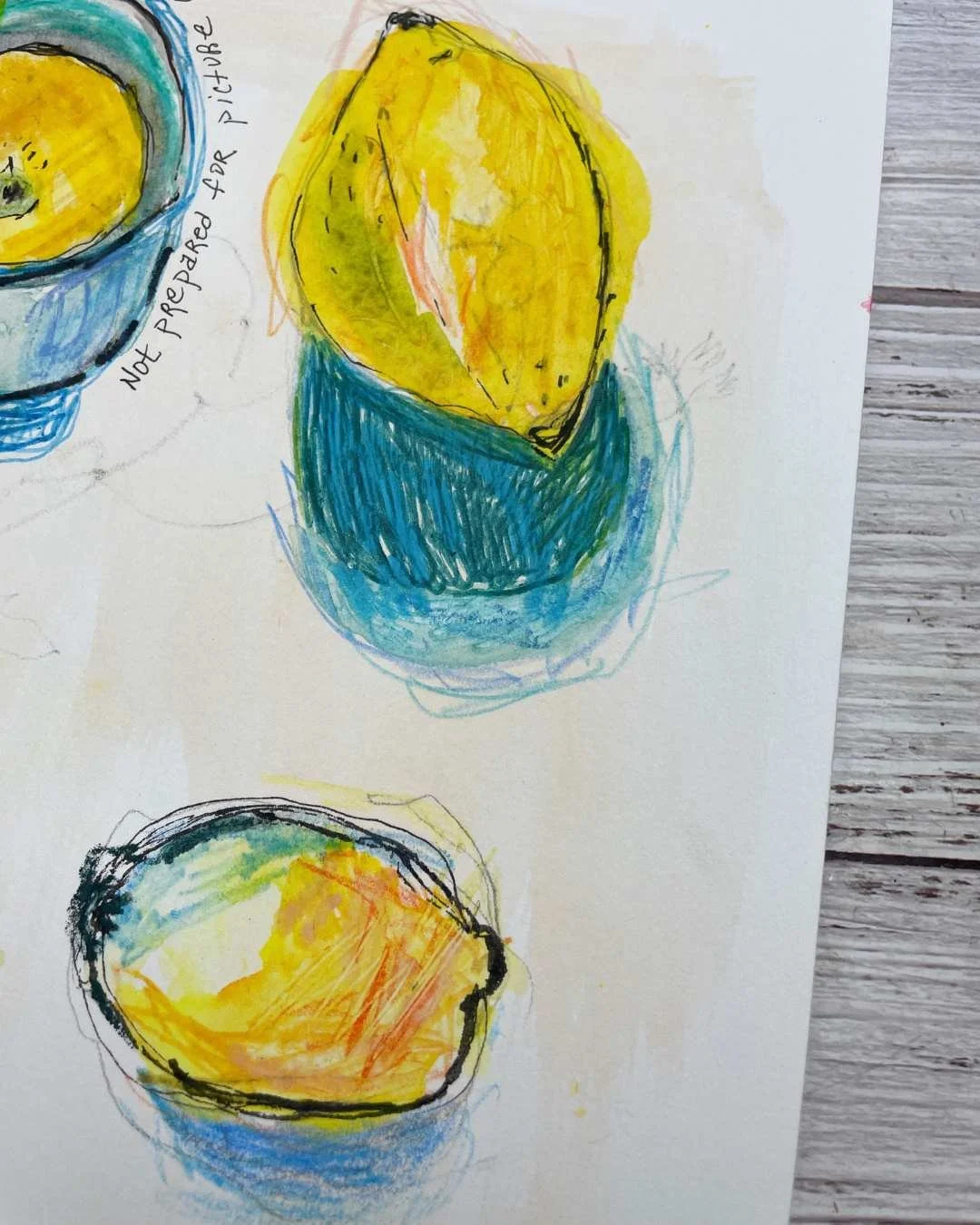 Lemon Sketchbook Studies with Blue Cups and Citrus Color Layers