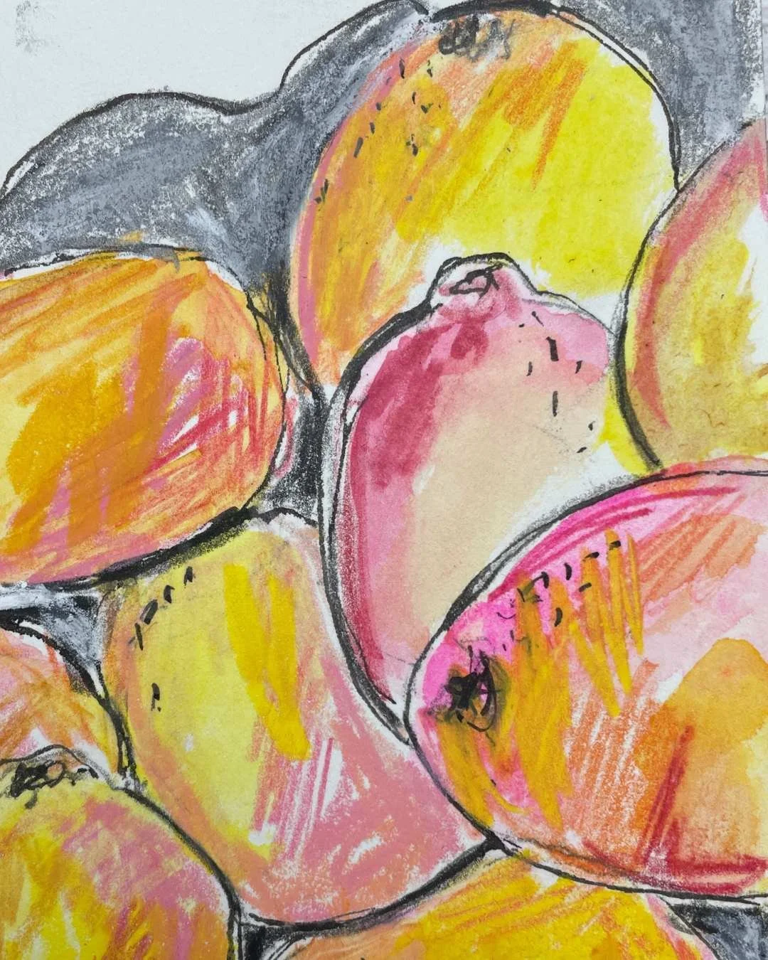 Pink and Golden Citrus Pattern Study in Mixed Media Layers