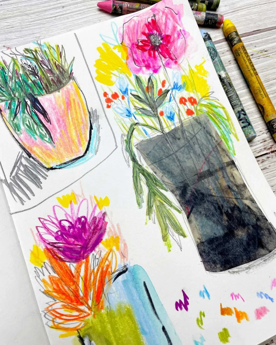 Bright Floral Sketchbook Page with Wax Crayon and Mixed Media Blooms