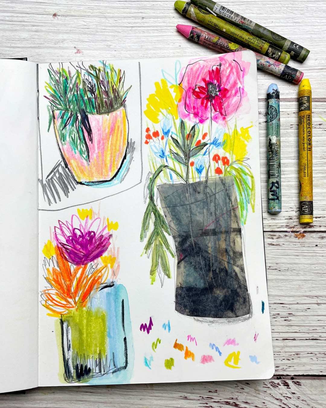 Playful Flower Vase Studies in Bold Summer Colors and Mixed Media