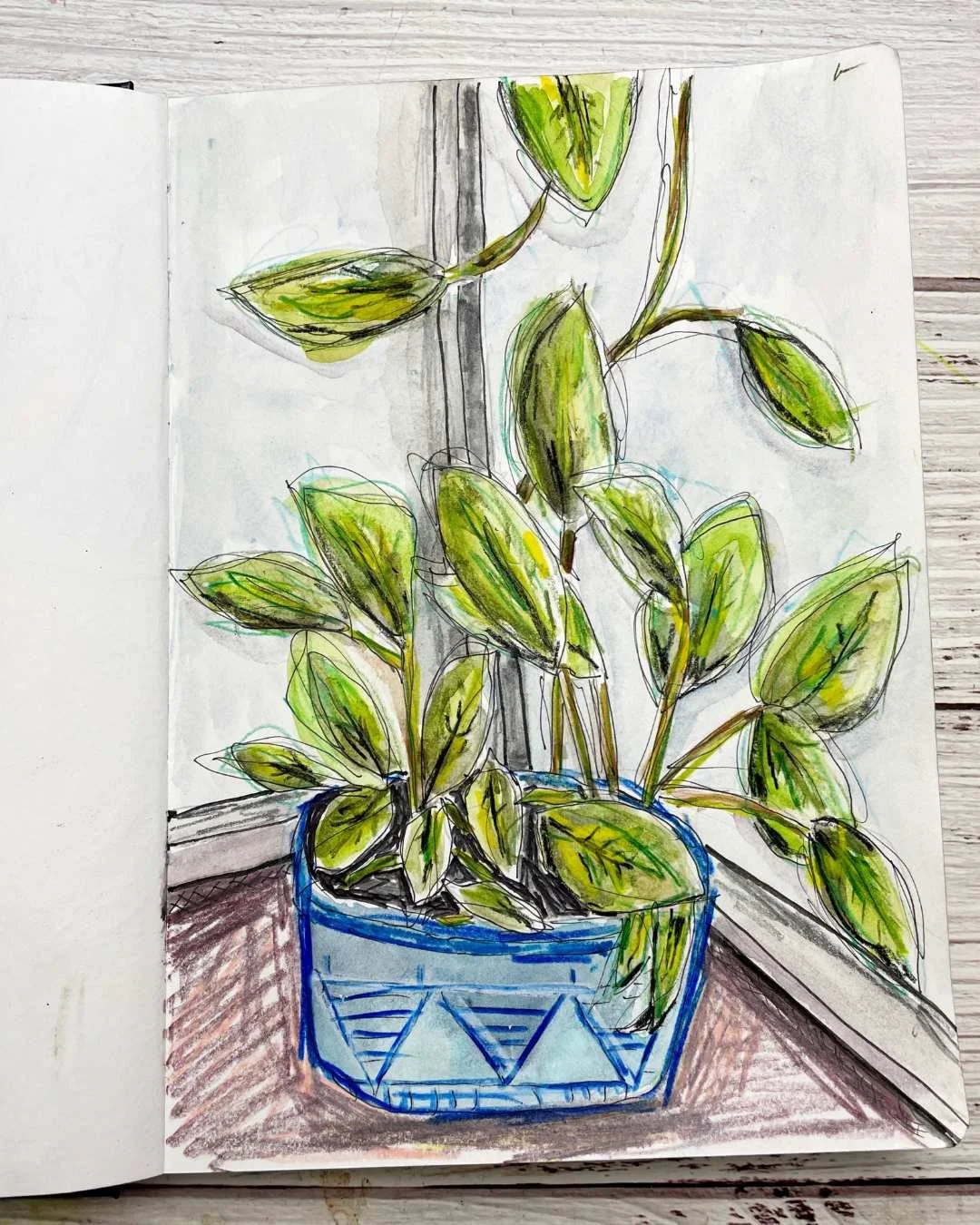 Houseplant Sketchbook Page with Layered Greens and Botanical Line Work