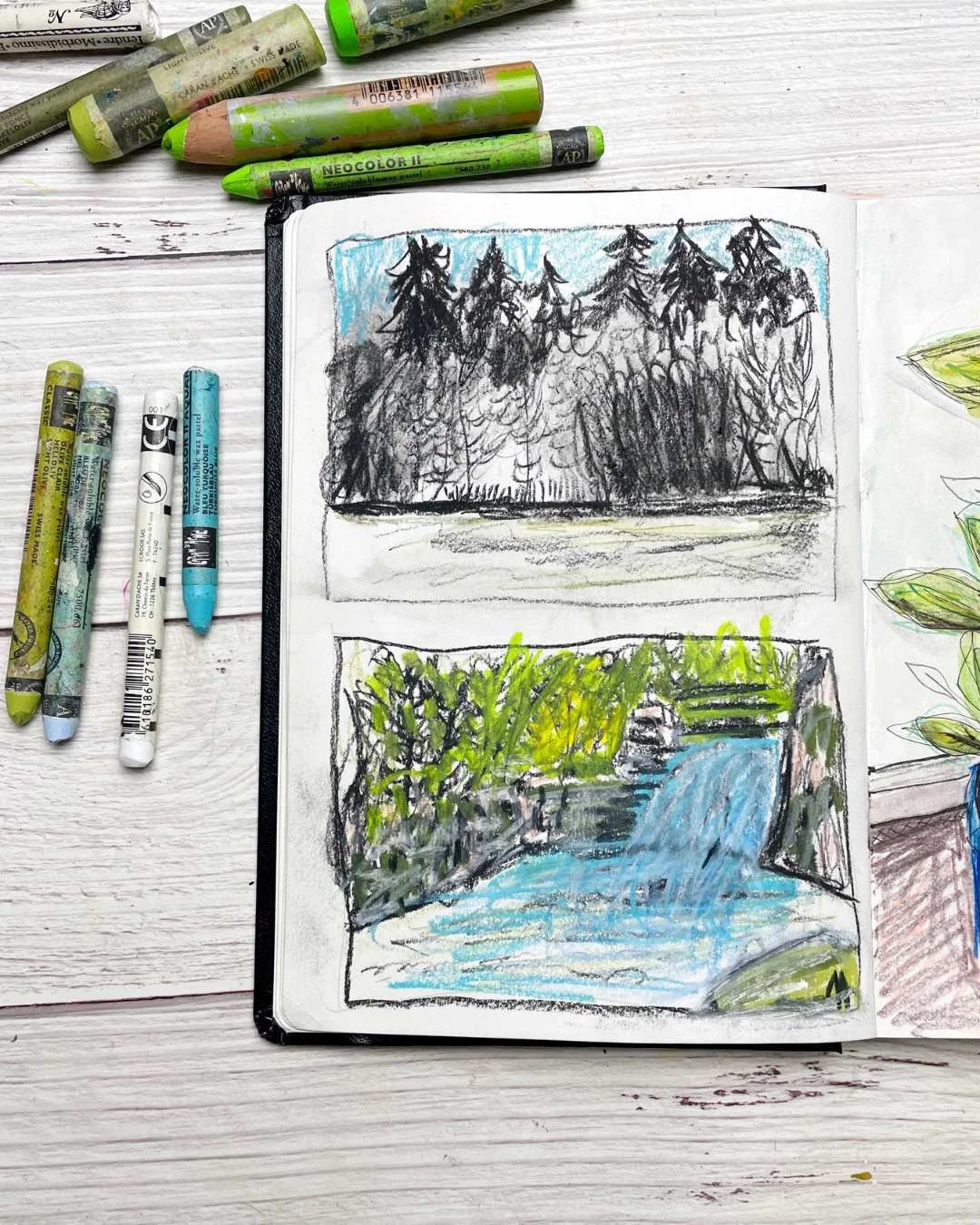 Waterfall Landscape Sketch with Bright Greens and Flowing Blue Water