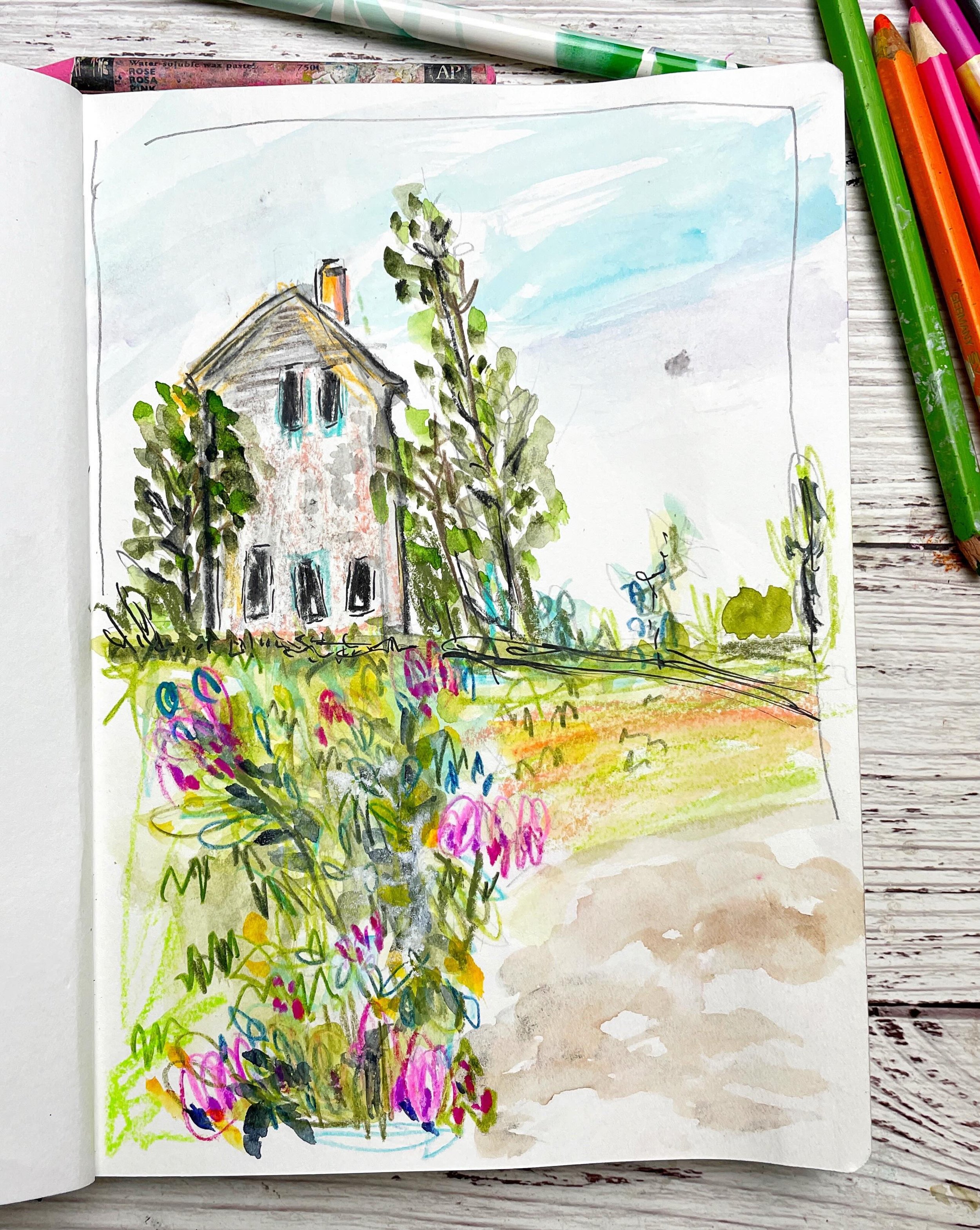 House and garden sketch with pencils, watercolor and pen - Day 92

100 Days of Creative Drifting: a Sketching Practice

Daily sketching &bull; sketchbook inspiration &bull; art journaling &bull; mixed media art &bull; creative practice &bull; sketch 