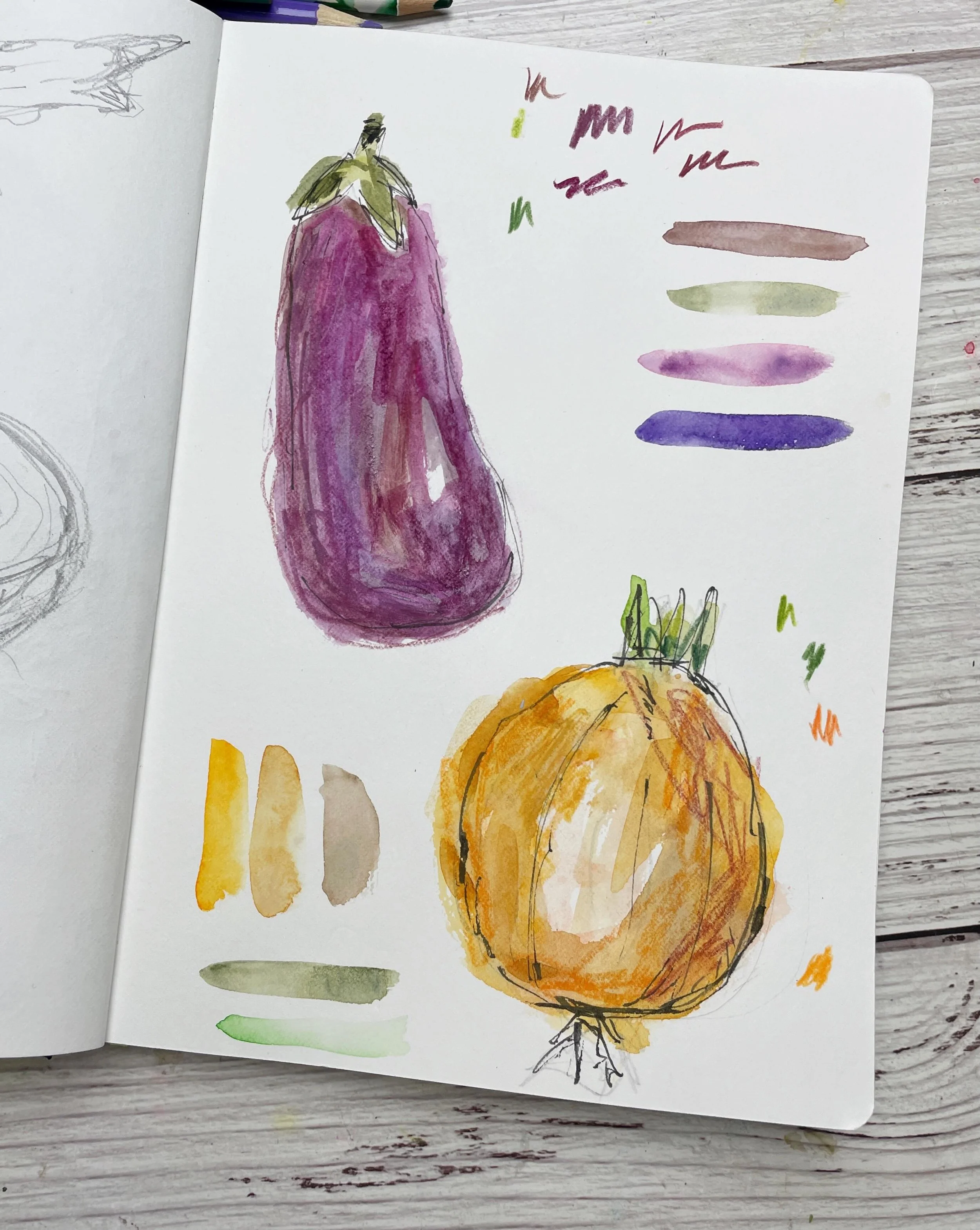 Veggie sketches of eggplant and onions - Days 93 and 94

100 Days of Creative Drifting: a Sketching Practice

Daily sketching &bull; sketchbook inspiration &bull; art journaling &bull; mixed media art &bull; creative practice &bull; sketch a day
#dot