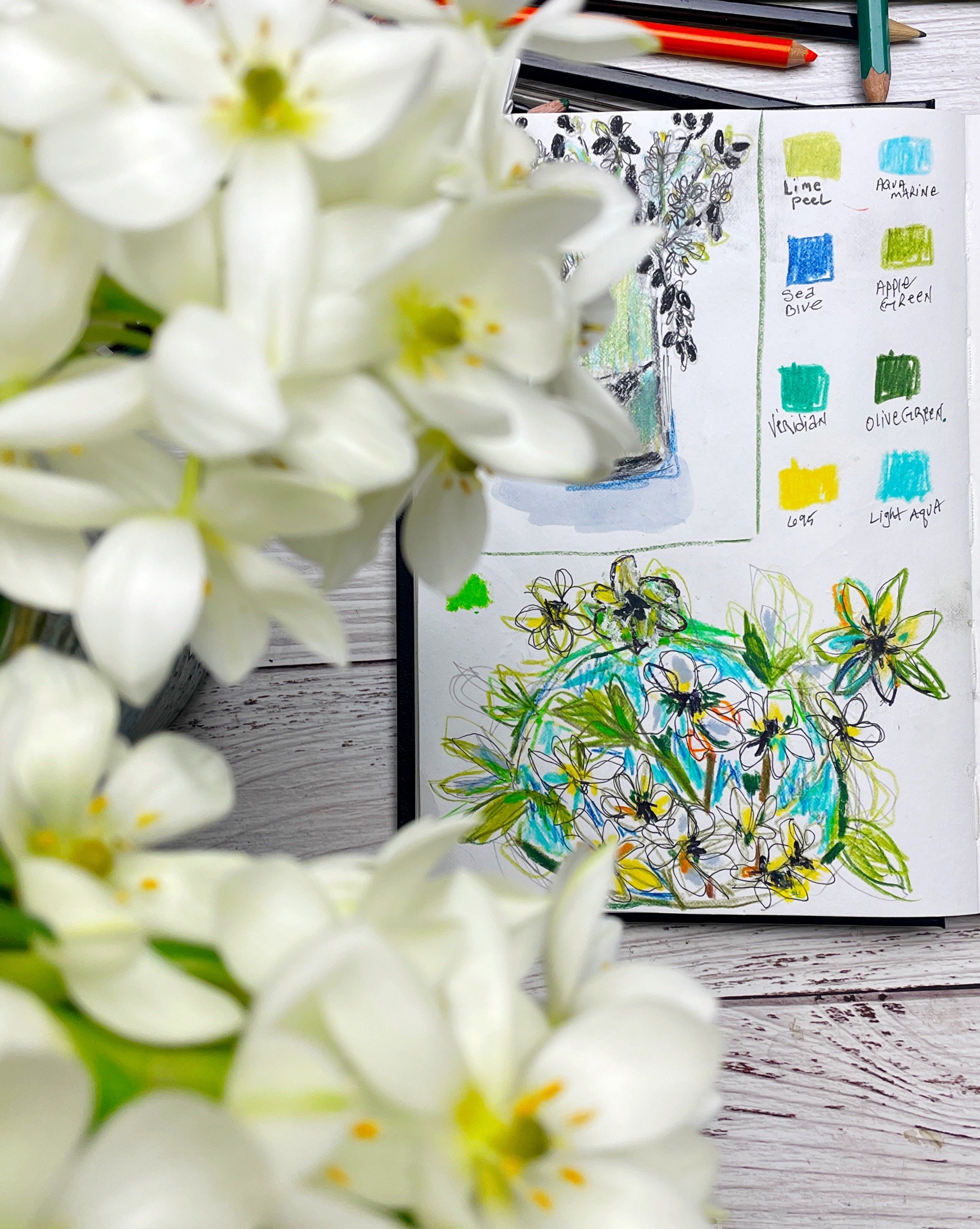 Botanical Flower Sketchbook Page with Spring Color Palette Swatches