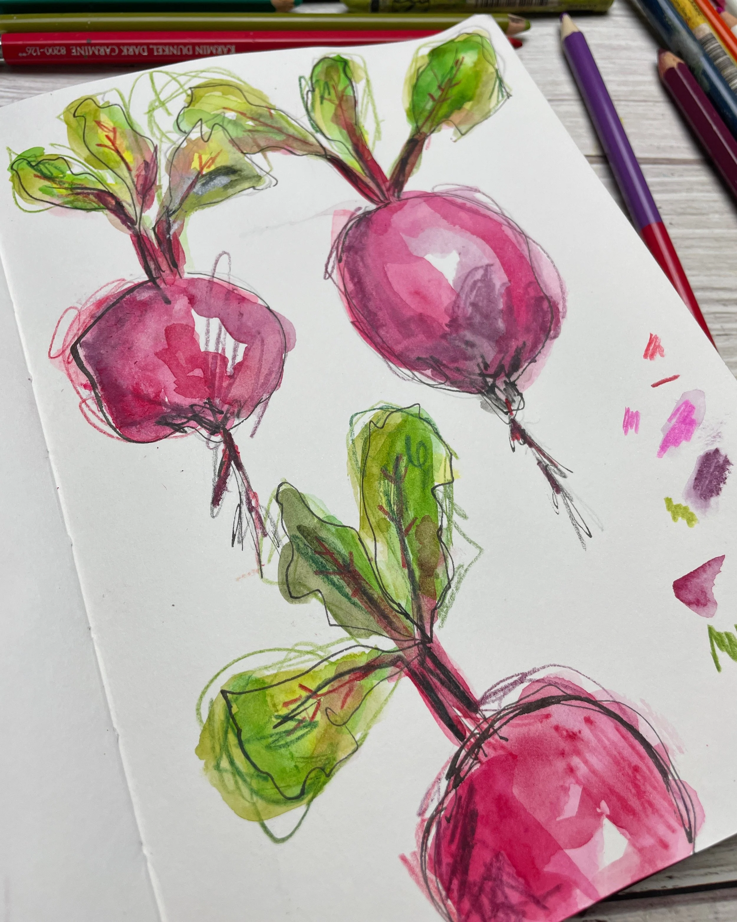 Beetroot Sketchbook Studies with Vibrant Pink and Green Watercolor Layers
