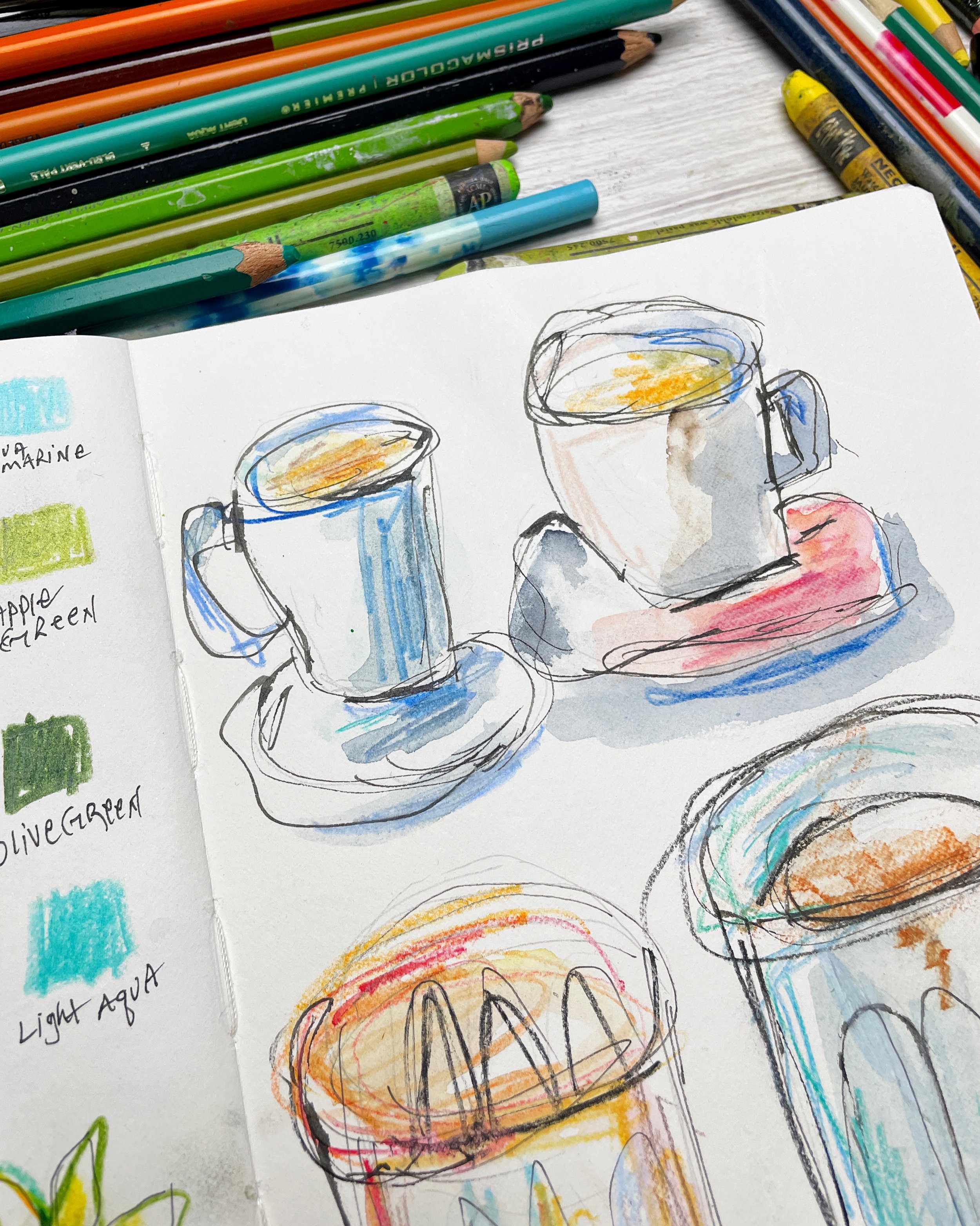 Coffee Cup Sketchbook Studies with Loose Watercolor and Colored Pencil Layers