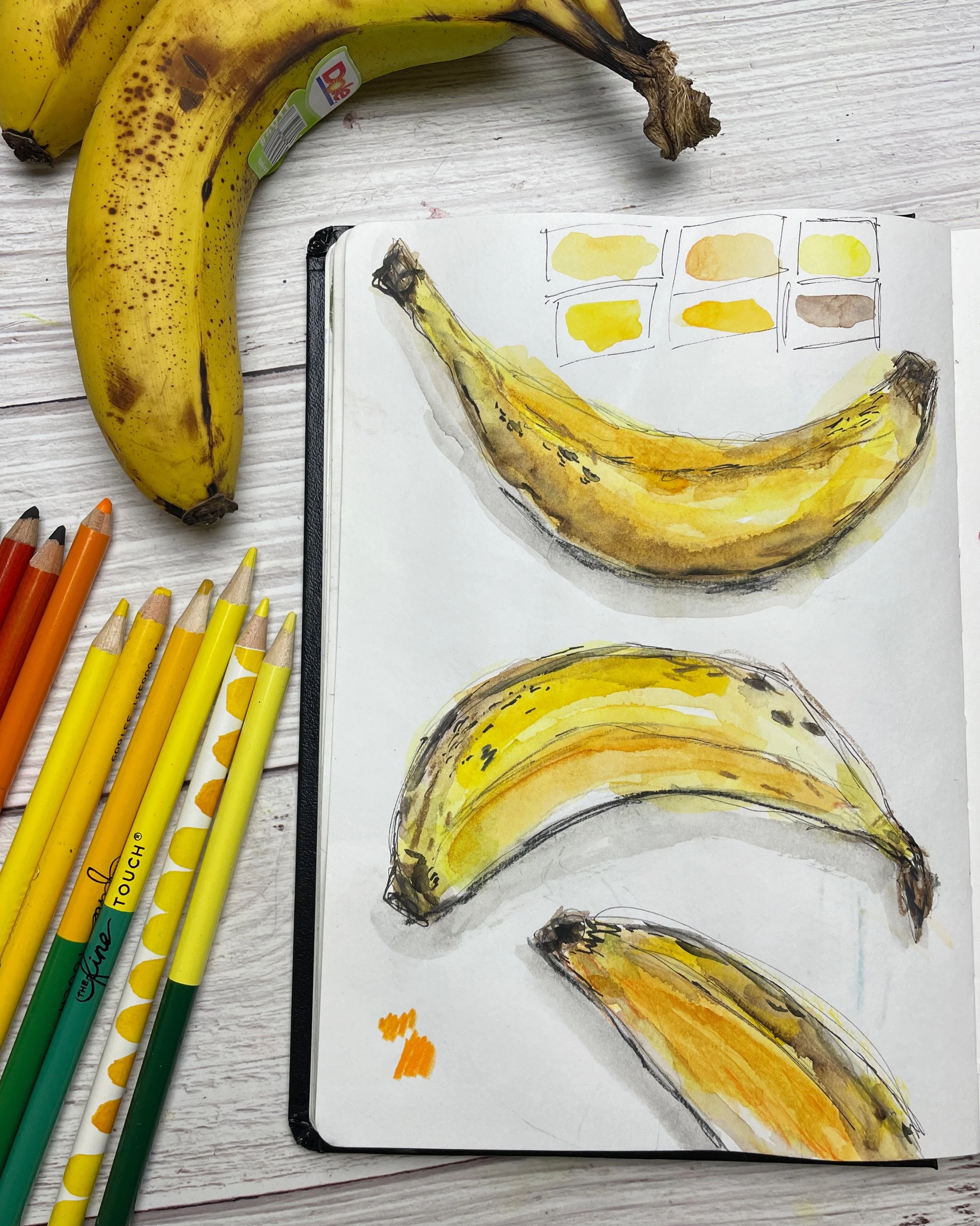 Banana Still Life Sketch with Warm Summer Yellow Mixed Media Layers