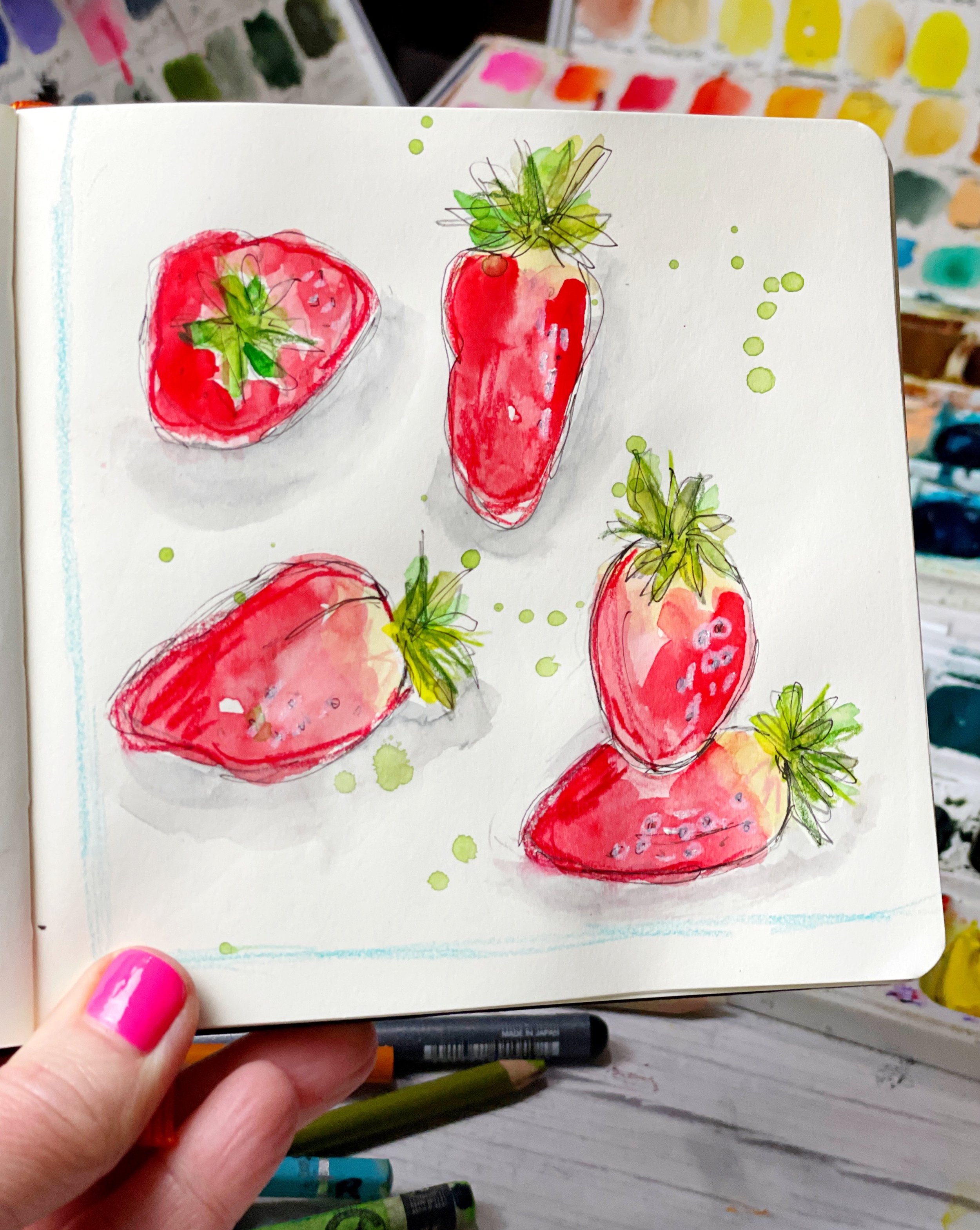 Fresh Strawberry Sketchbook Study with Bright Summer Red Watercolors