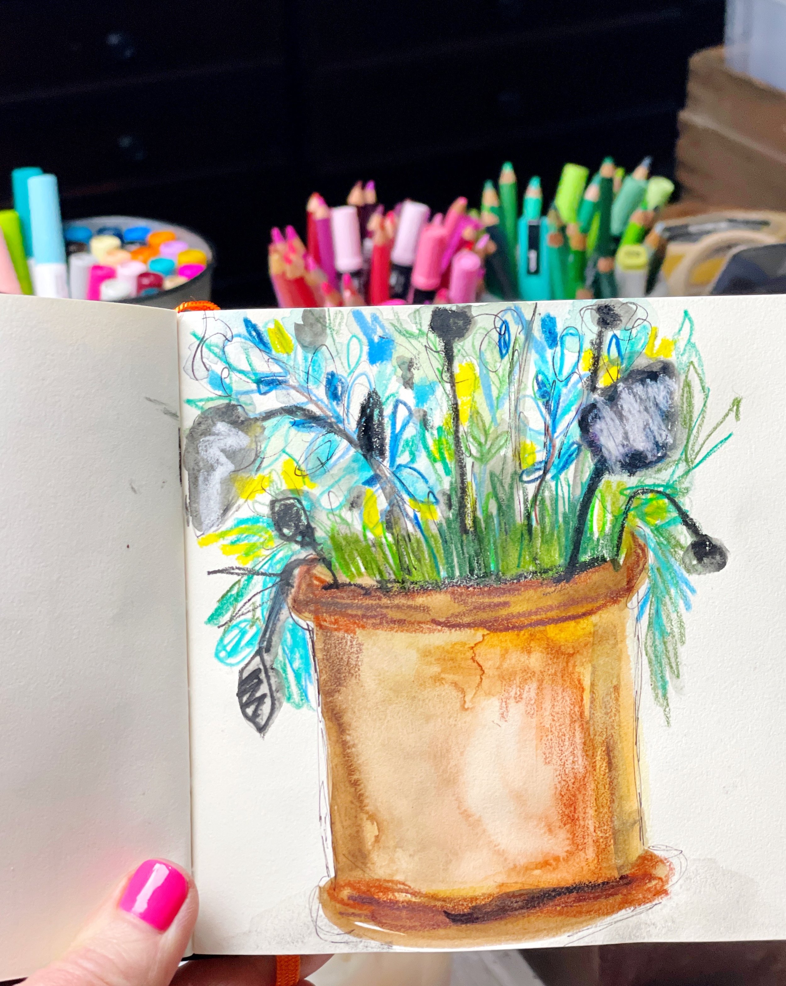Terracotta Pot Botanical Sketchbook Page with Expressive Summer Colors