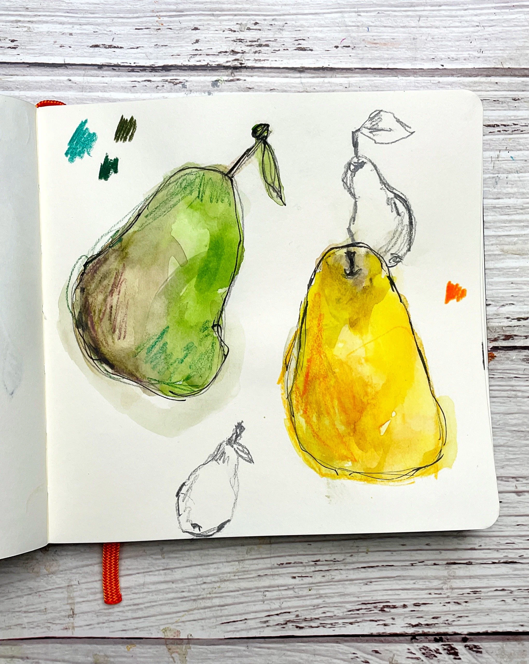 Pear Sketchbook Studies with Fresh Green and Golden Watercolor Layers