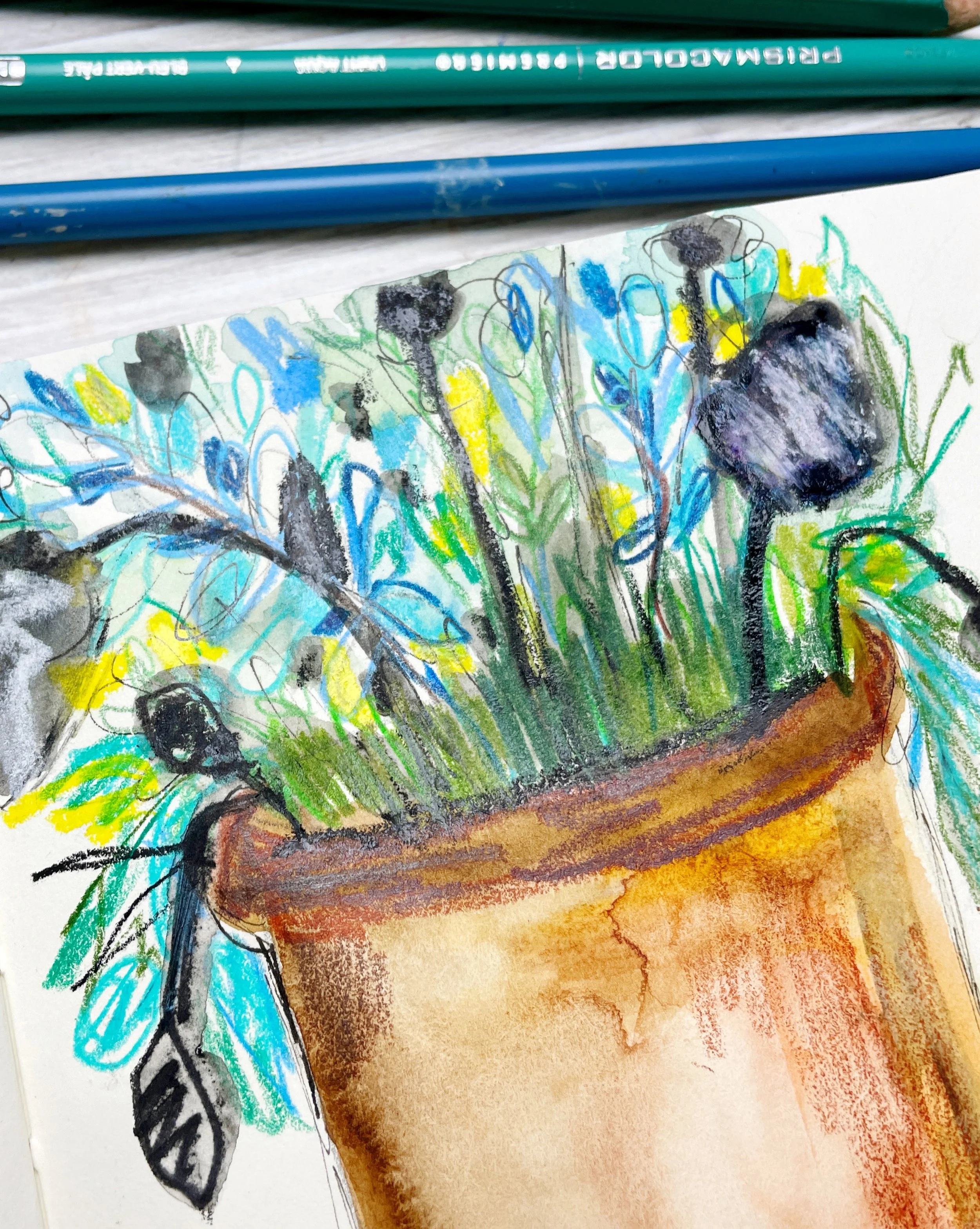 Terracotta Pot Botanical Sketchbook Page with Expressive Summer Colors