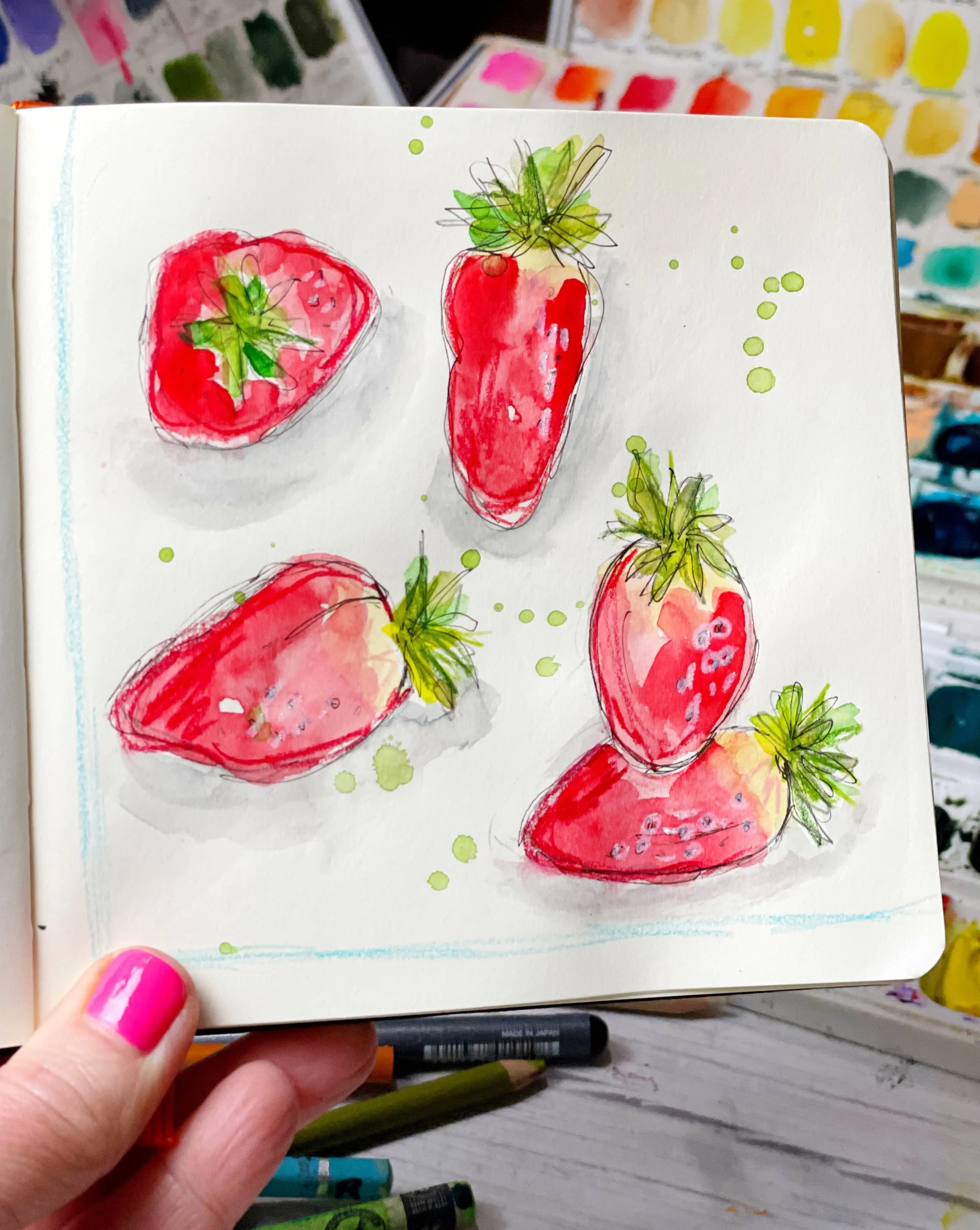 Fresh Strawberry Sketchbook Study with Bright Summer Red Watercolors