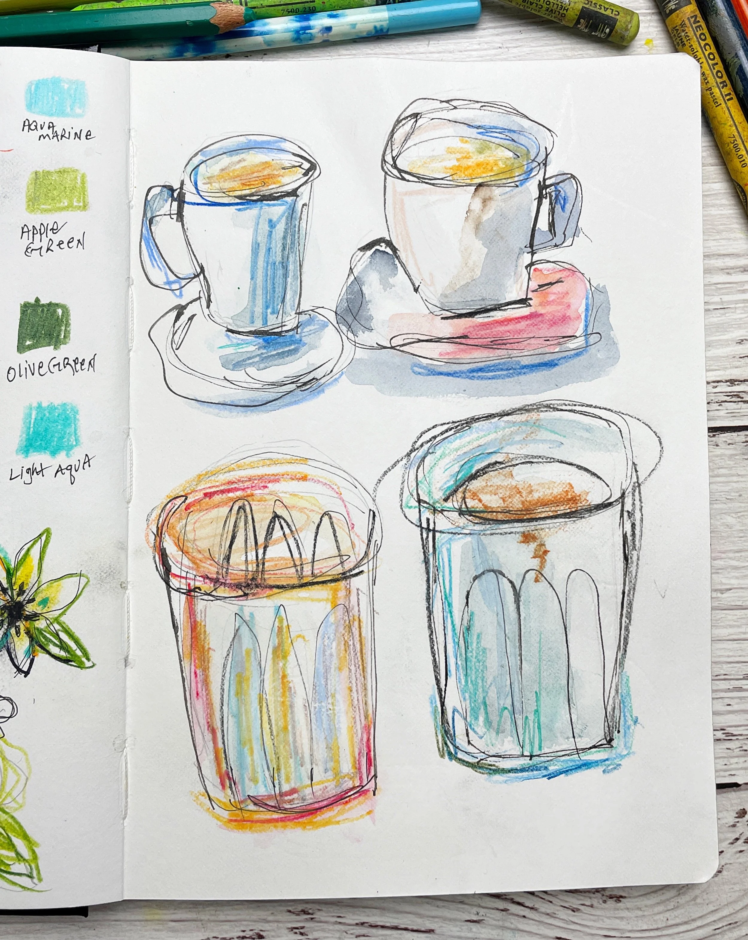 Mixed Media Mug and Glass Studies in Soft Blue and Warm Neutral Tones
