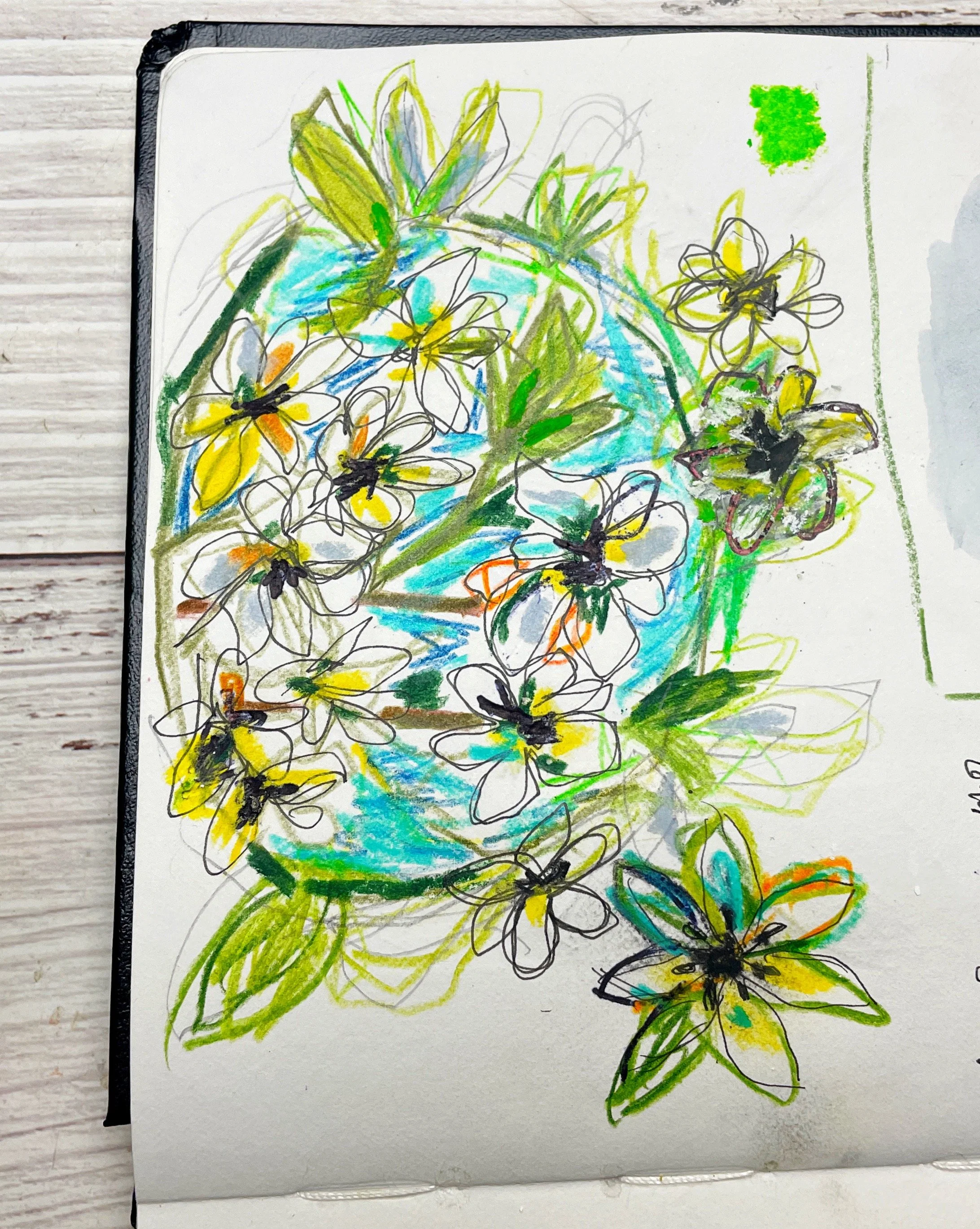 Expressive White Floral Drawing with Mixed Media Color Exploration