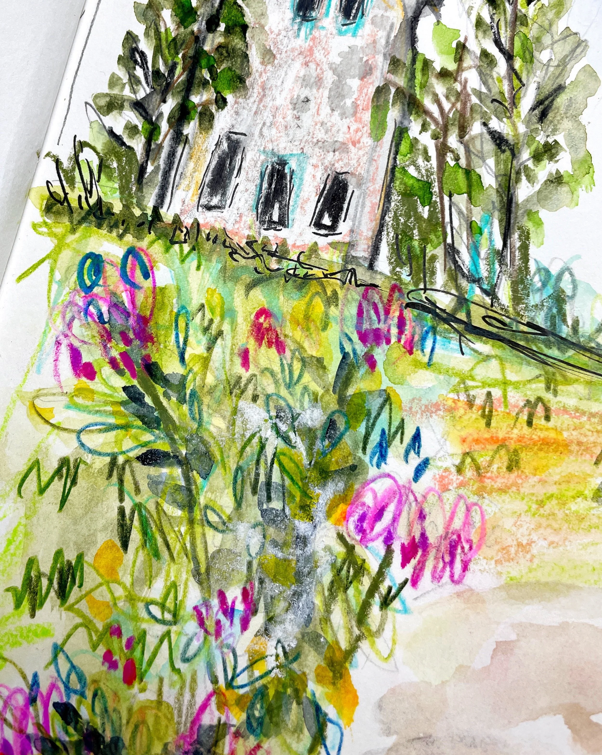 Floral Foreground Landscape Study Featuring a Rustic House and Garden Path