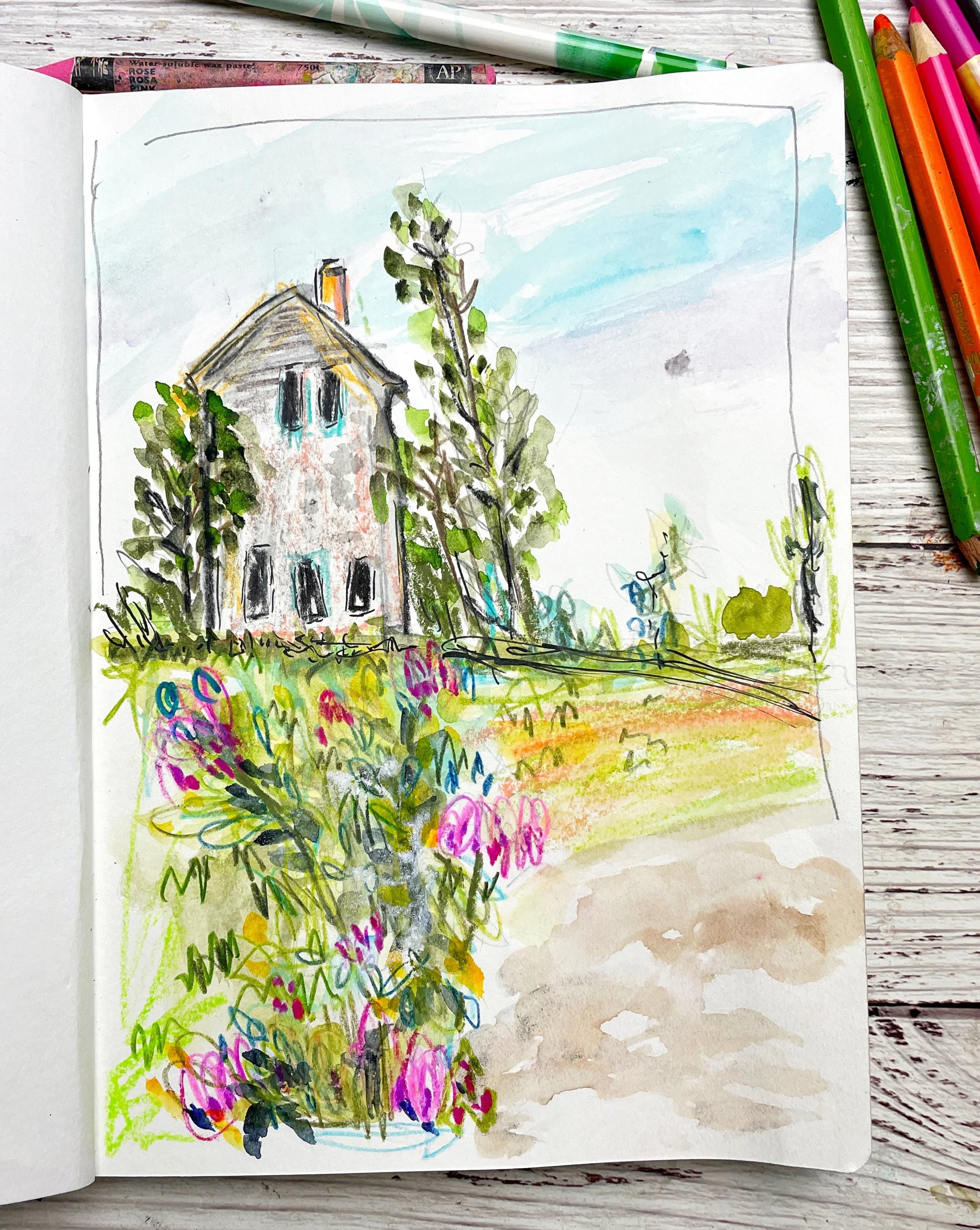 Country Cottage Garden Sketch with Wildflowers and Summer Meadow Colors