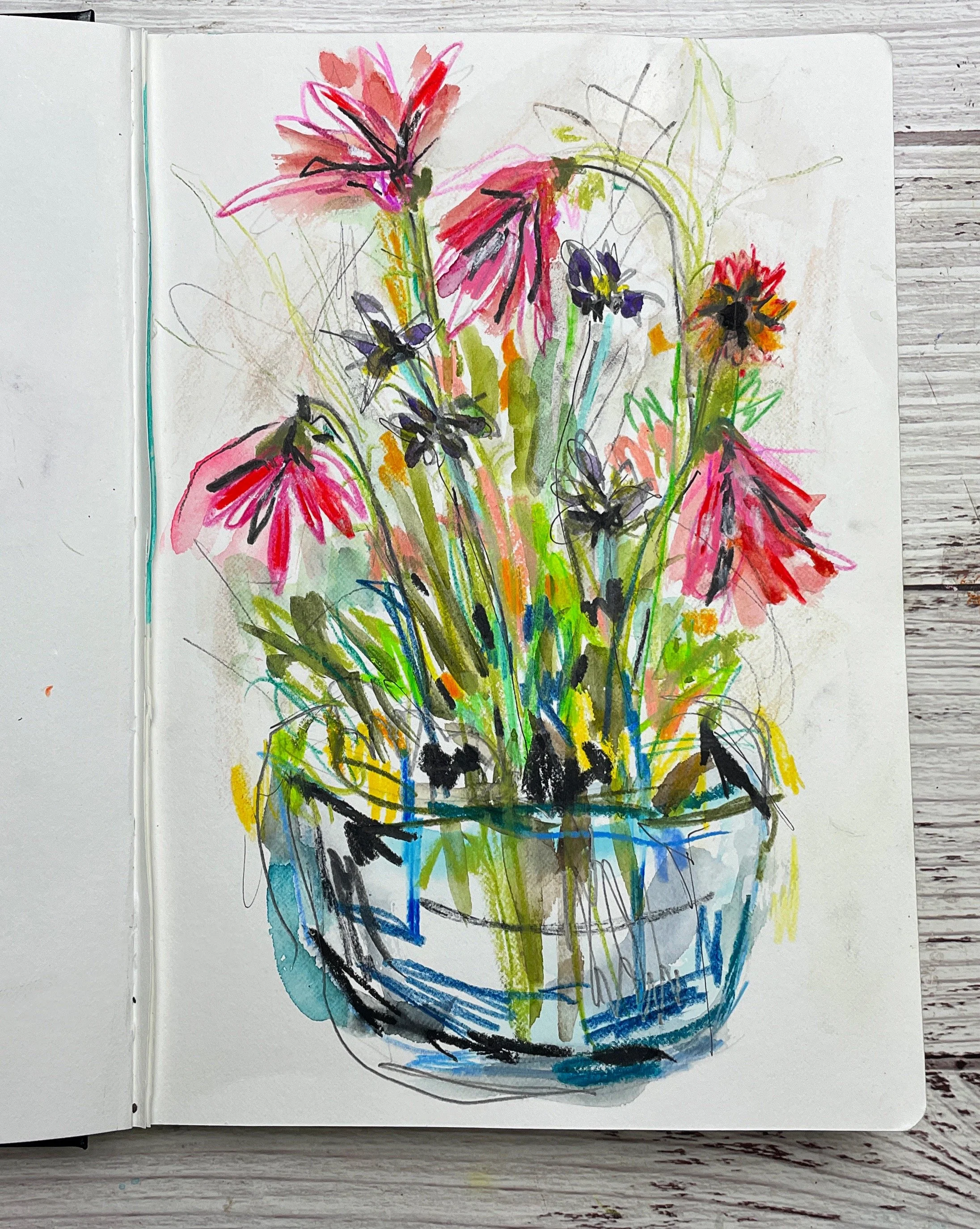 Pink Coneflowers and Garden Blooms Sketchbook Study in a Blue Vase