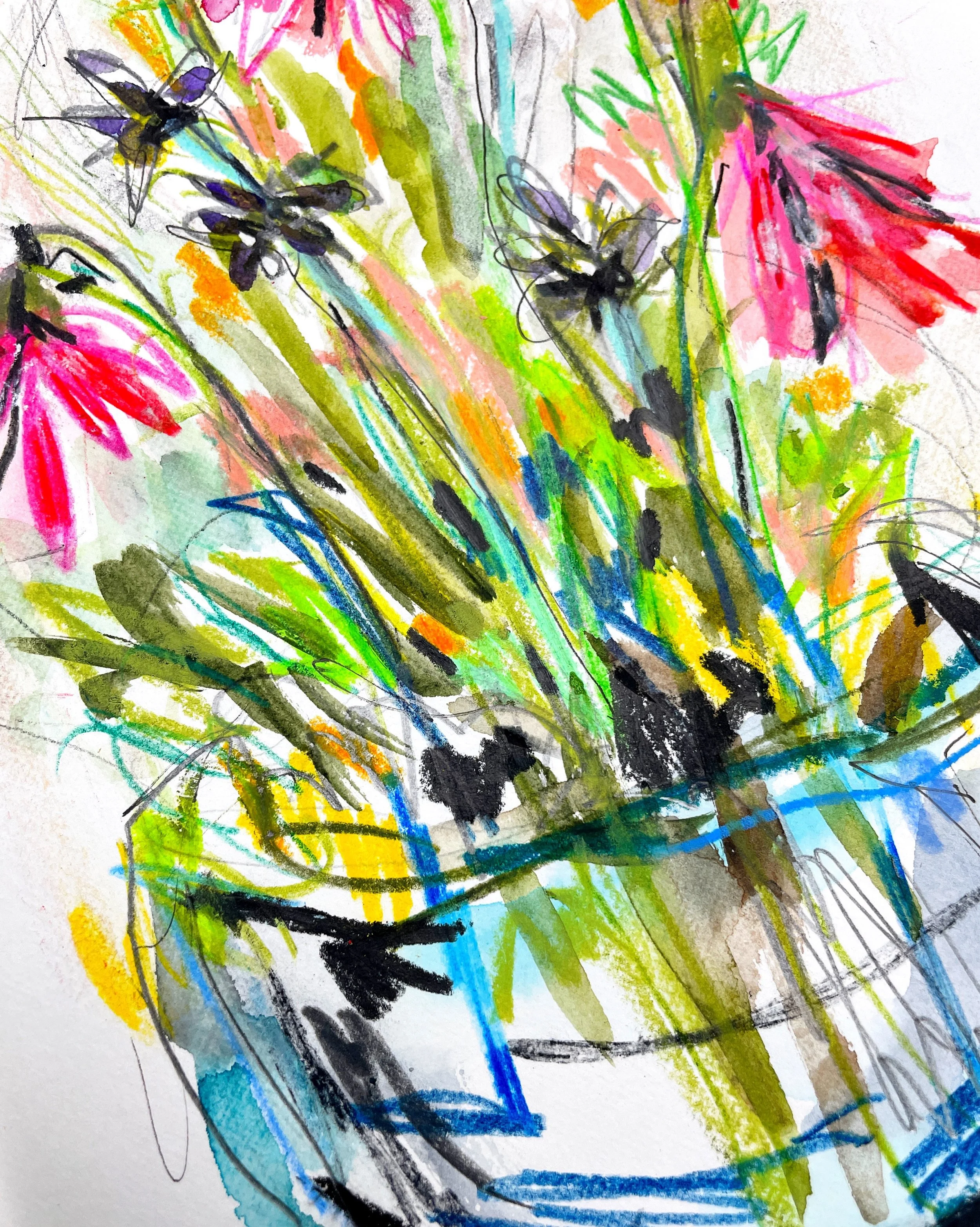 Expressive Wildflower Bouquet in a Blue Glass Vase Mixed Media Sketch