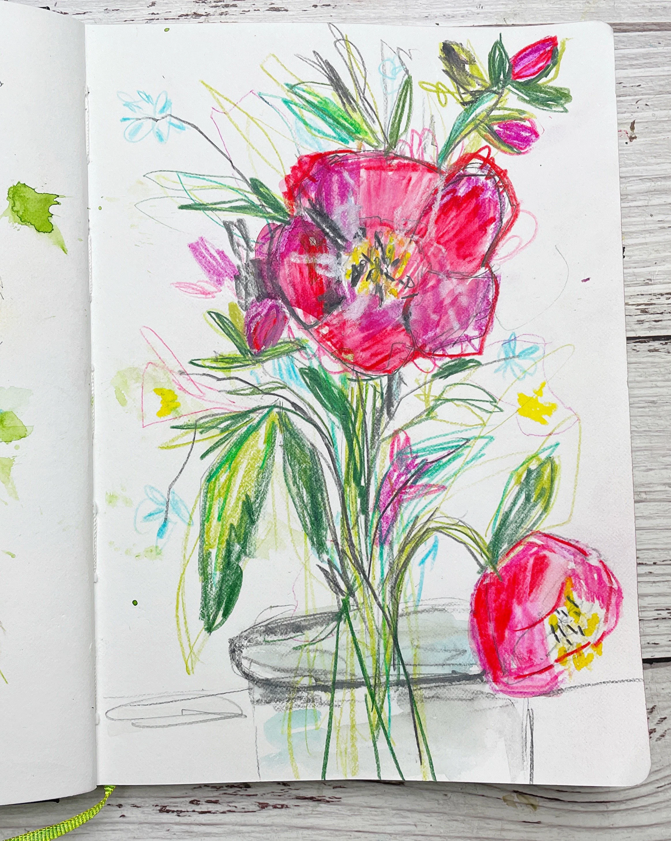 Vibrant Pink Peony Sketch with Loose Botanical Lines and Garden Blooms