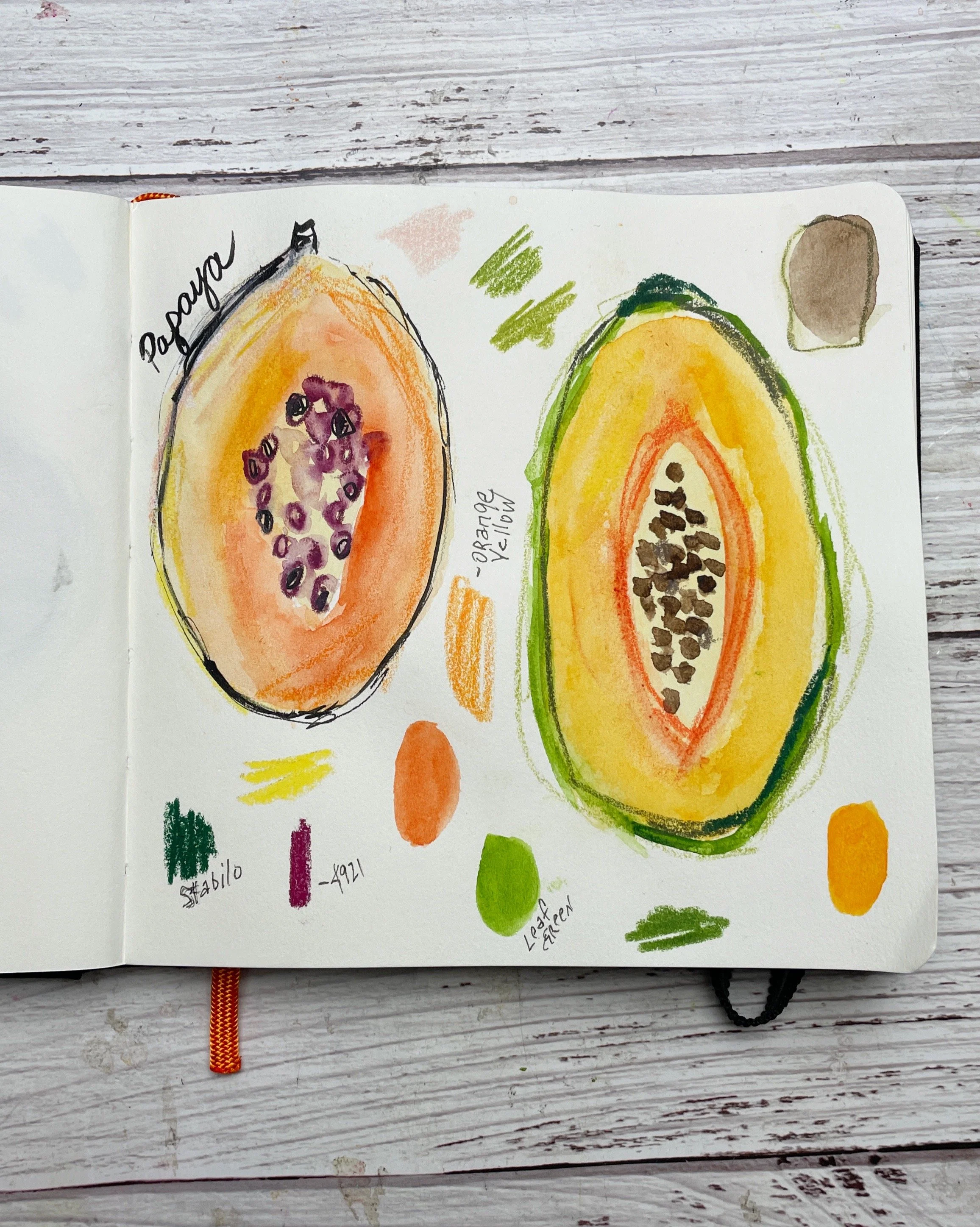 Papaya Color Study with Watercolor Sketches and Tropical Fruit Palette
