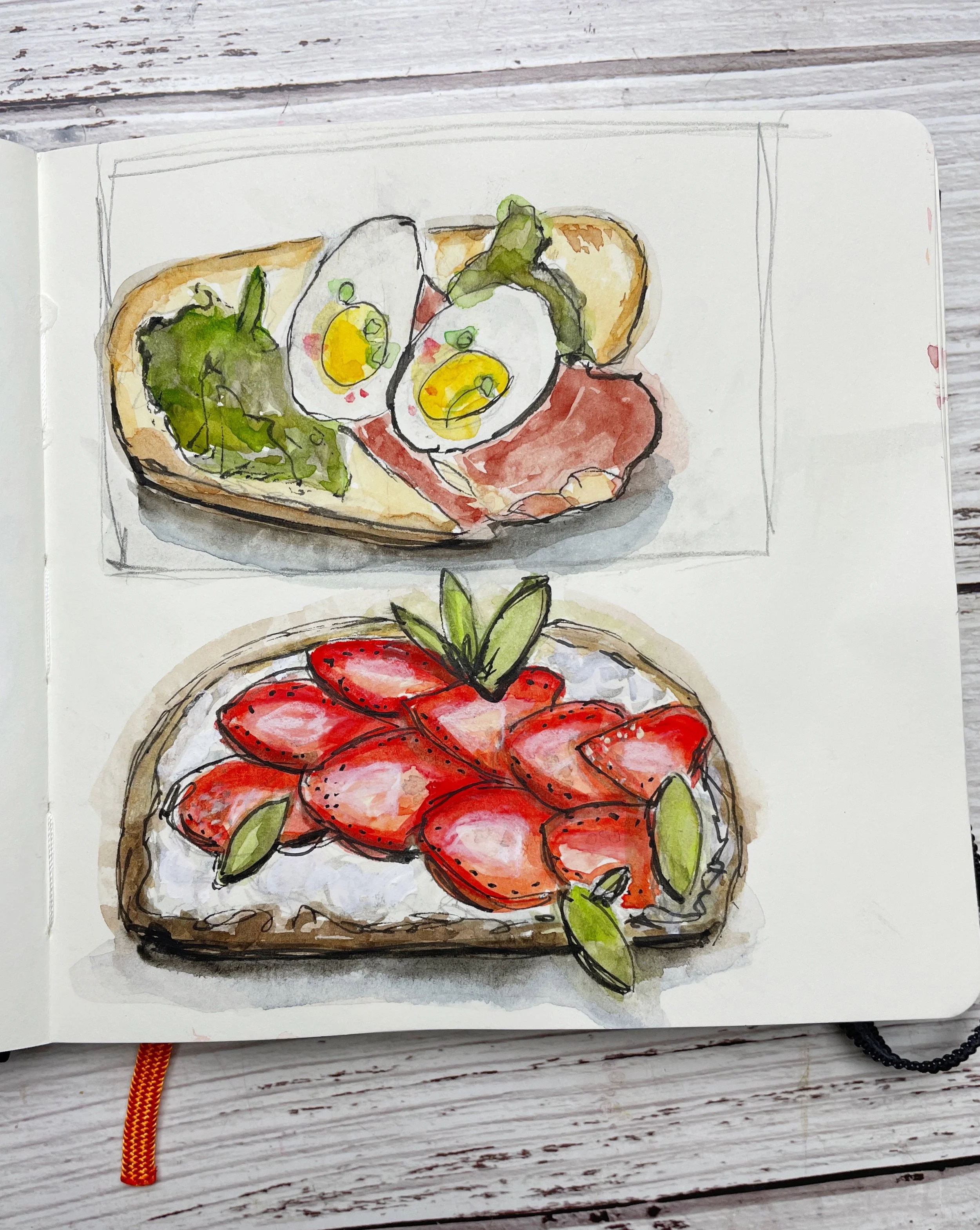 Open-Faced Toast Studies with Eggs, Greens, and Strawberries in Watercolor