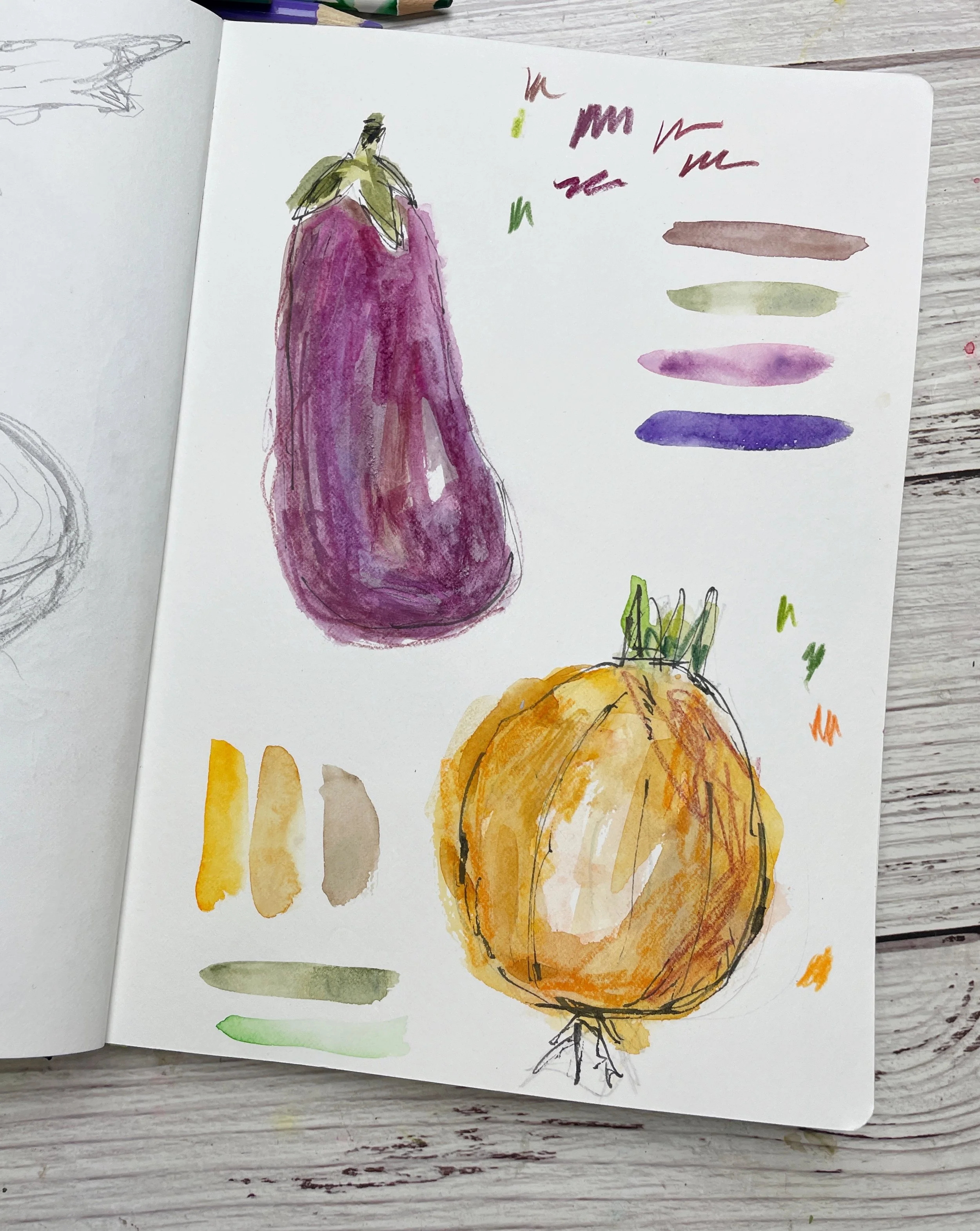 Eggplant and Onion Color Study with Watercolor Swatches and Sketchbook Notes