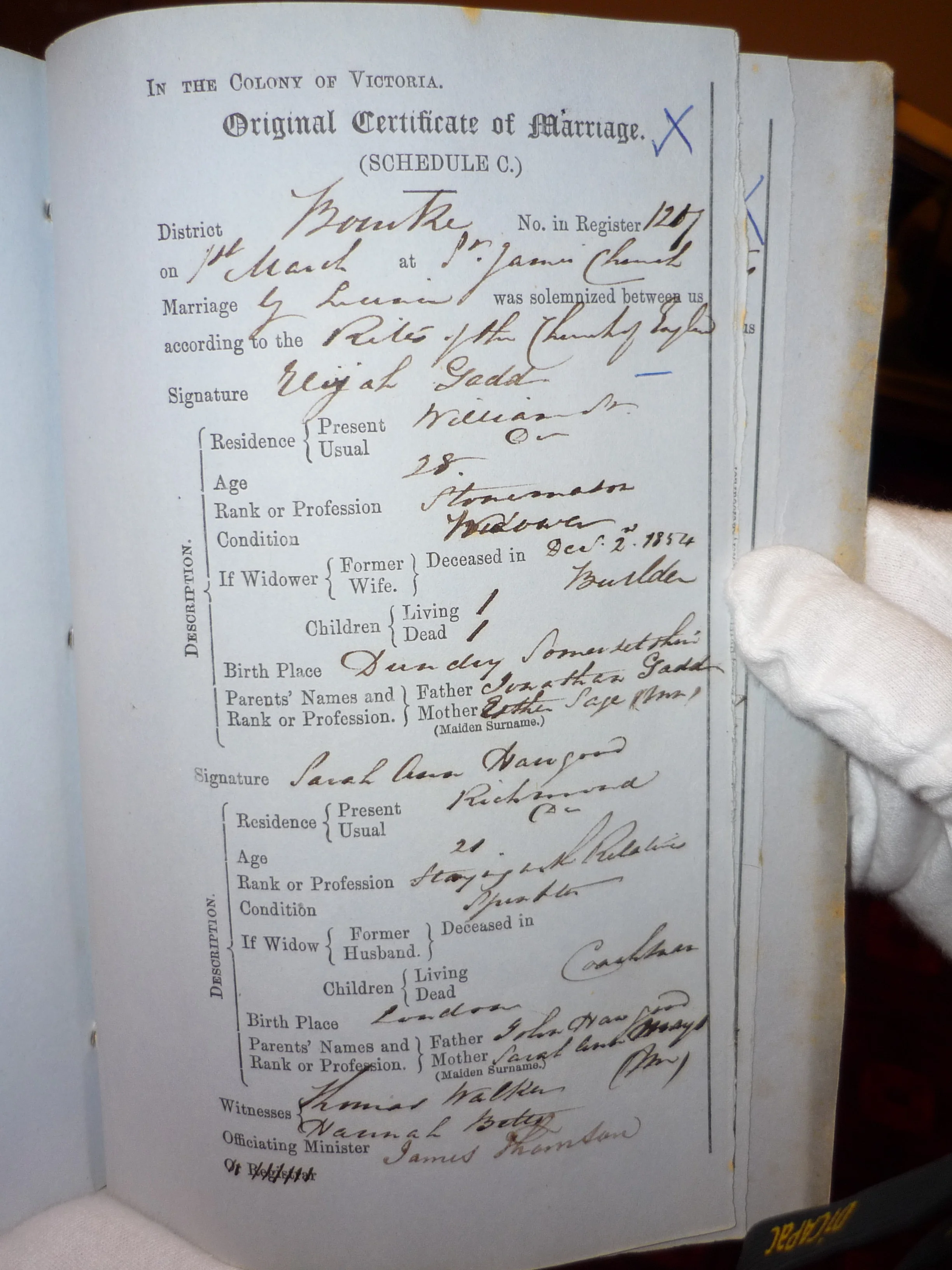 Marriage Certificate of Elijah Gadd and Sarah Ann Hawgood
