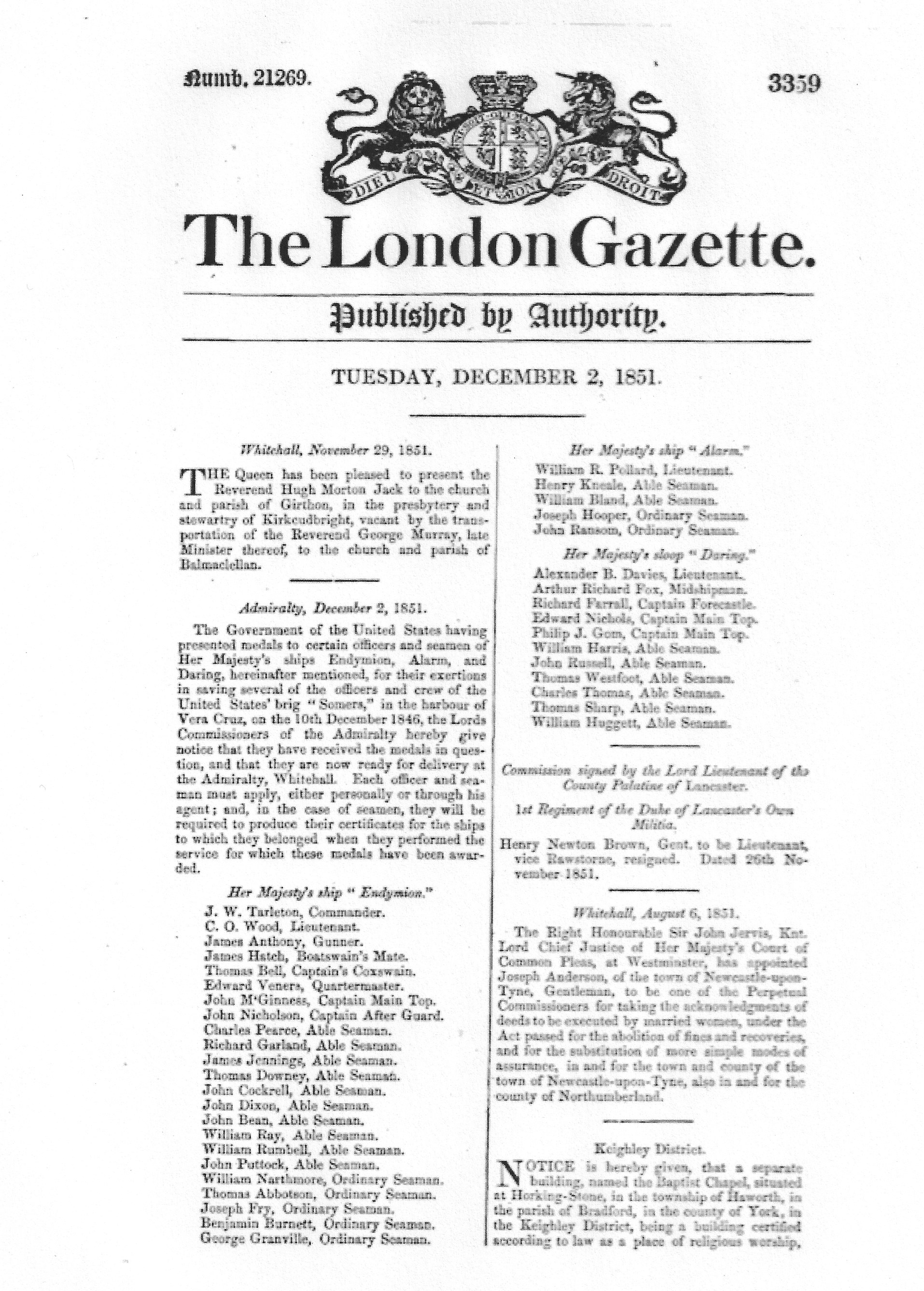 The London Gazette , December 2, 1851. Charles Thomas listed as one of sailors entitled to receive medal.
