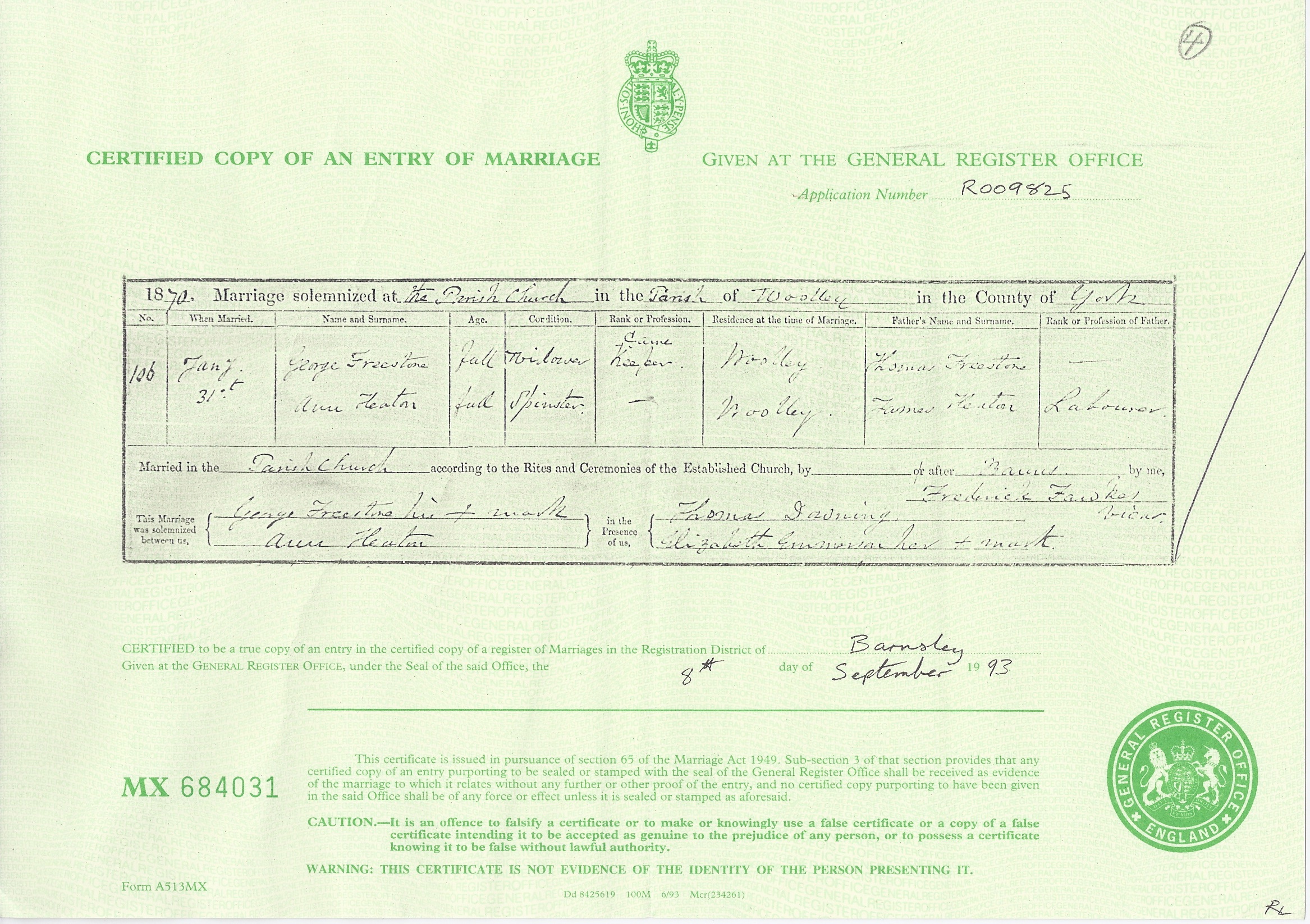 Marriage Certificate for George Freestone and Ann Heaton