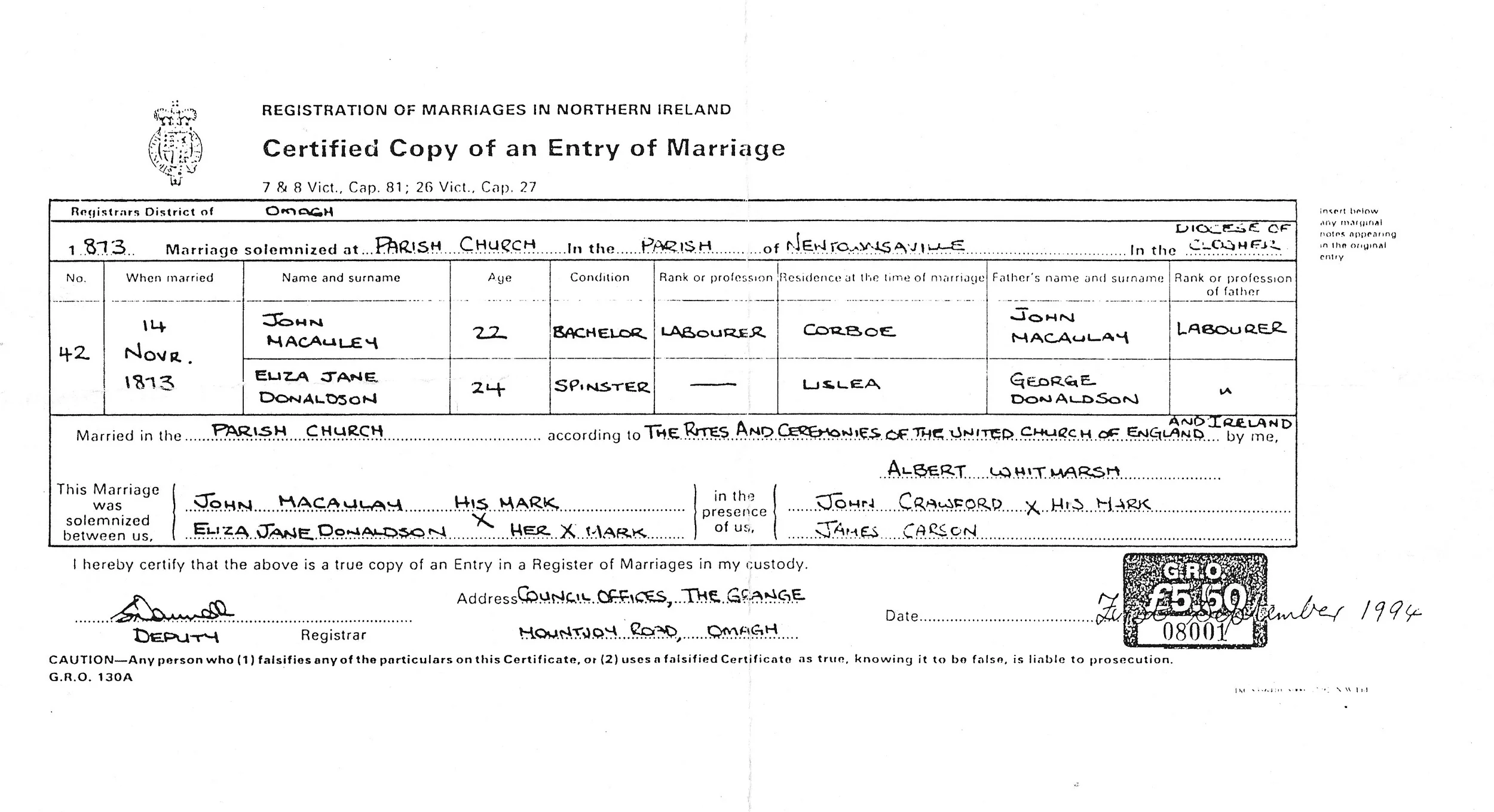 Marriage Certificate for John Jnr. McCauley and Eliza Jane Donaldson