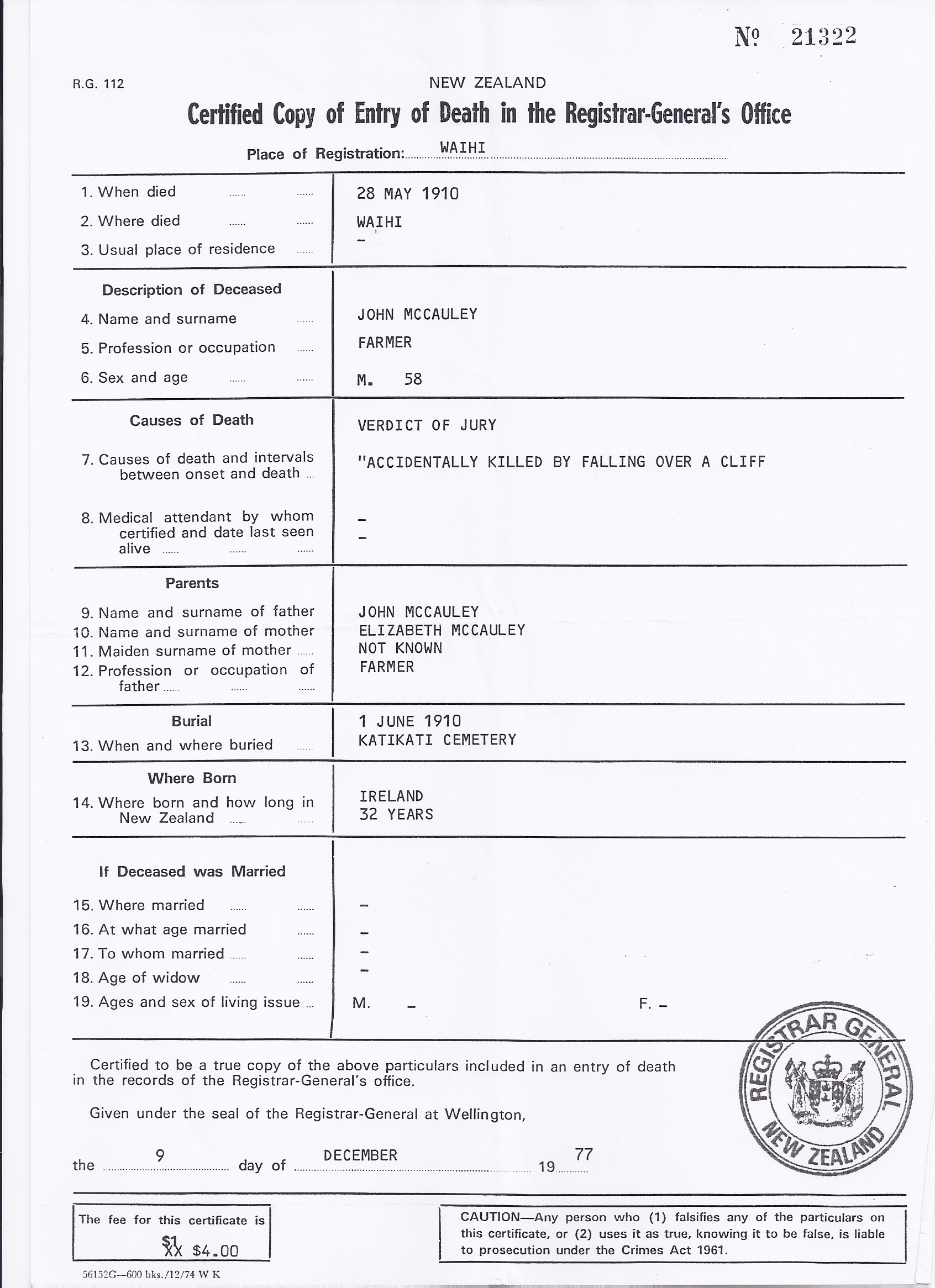 John Jnr. McCauley's Death Certificate