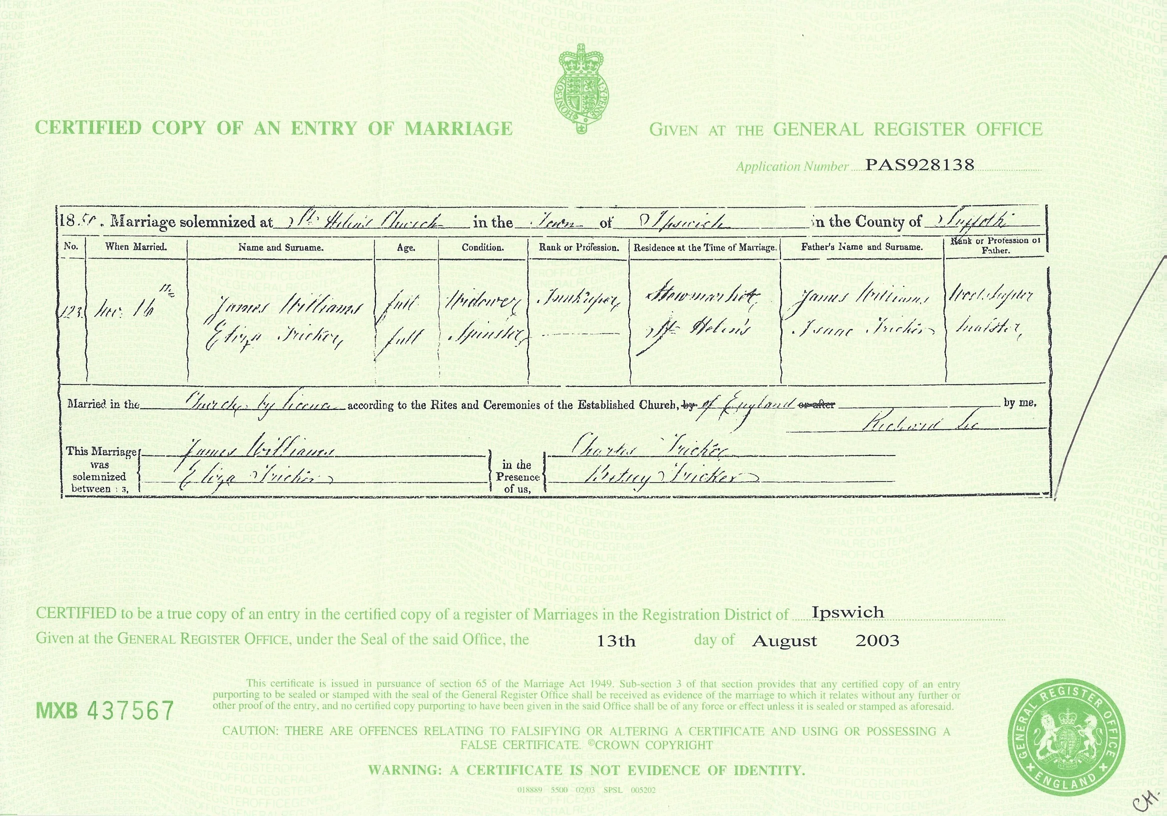Marriage Certficate of James Williams and Eliza Tricker