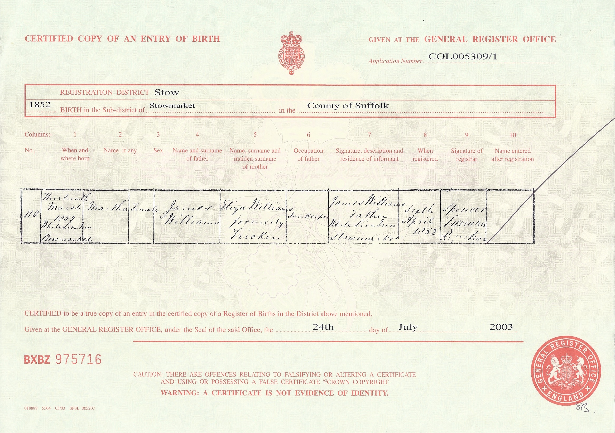 Martha Williams's Birth Certificate