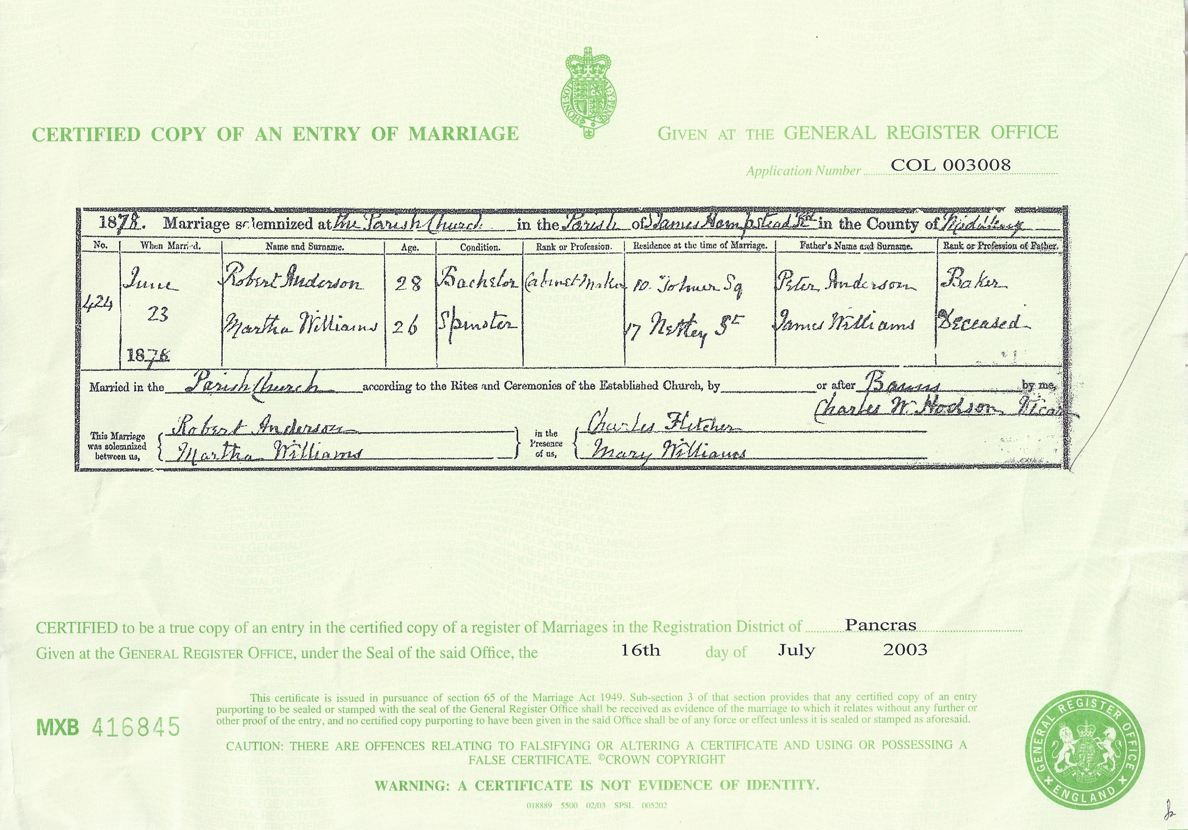 Marriage Certificate of Robert Jnr. Anderson and Martha Williams